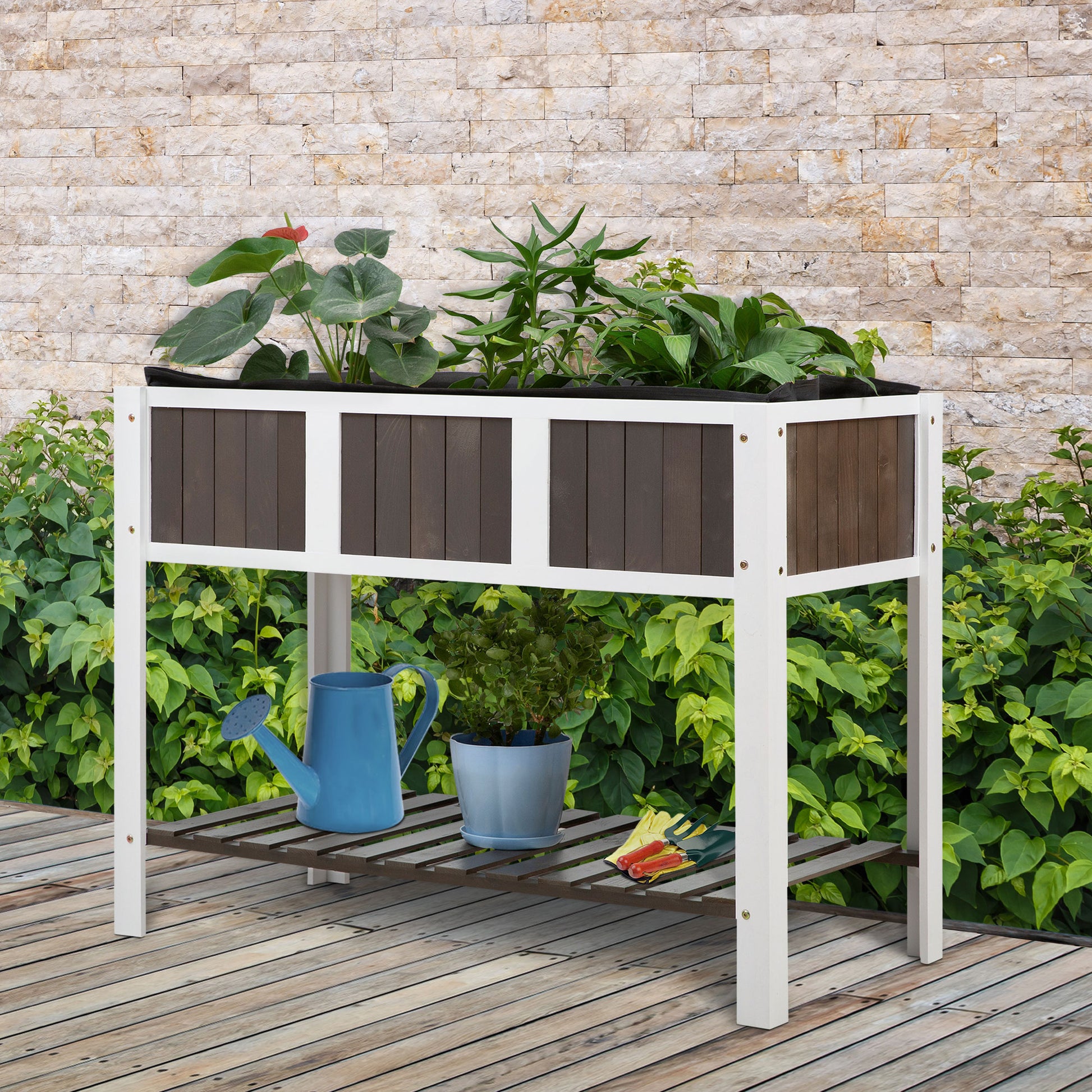 Raised Garden Bed Planting Table Gardening Workbench Wooden Garden Boxes for Vegetables Flowers, Planters with Shelf, 119 x 57 x 89 cm, Fir Wood, Non-woven Fabric, White+Gray