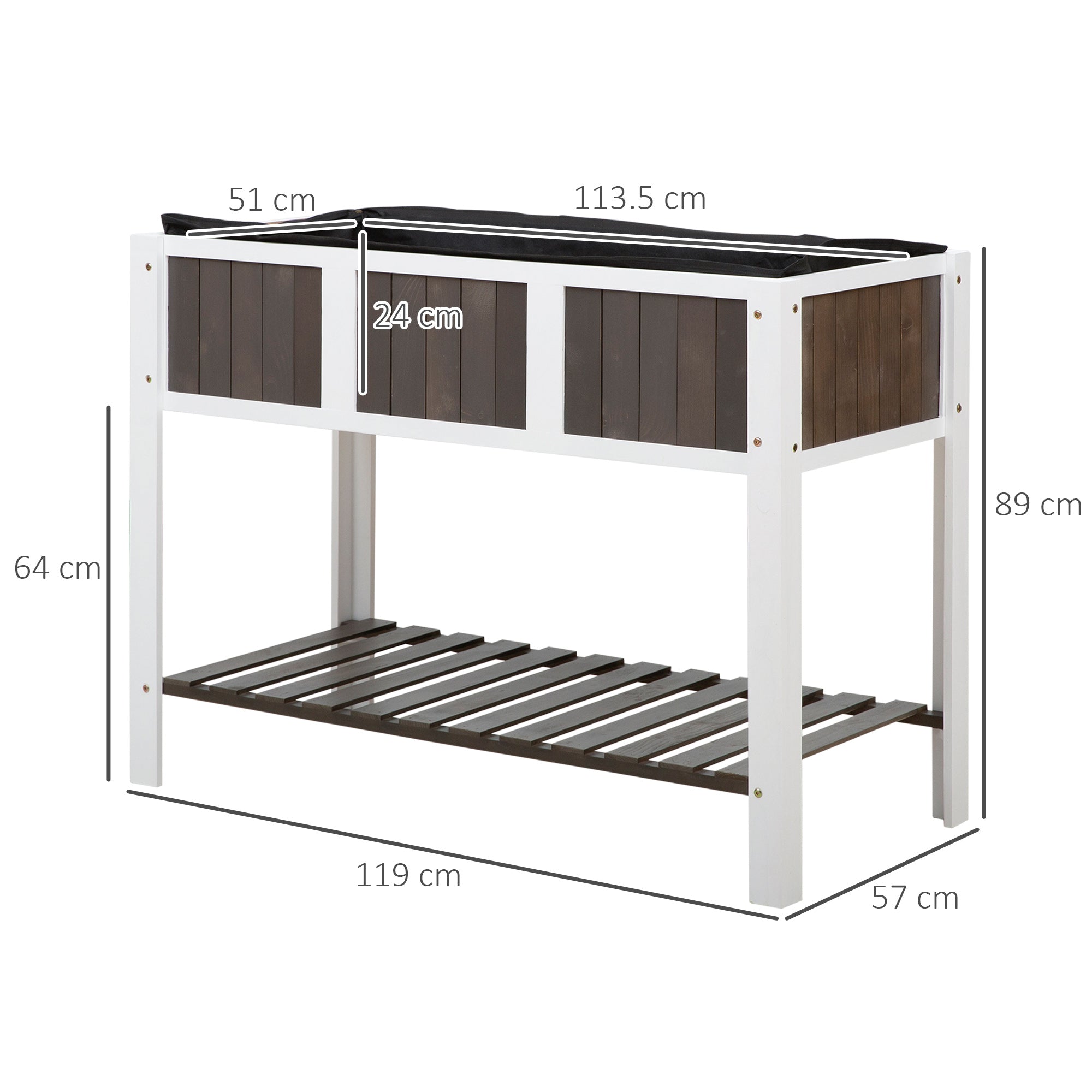 Raised Garden Bed Planting Table Gardening Workbench Wooden Garden Boxes for Vegetables Flowers, Planters with Shelf, 119 x 57 x 89 cm, Fir Wood, Non-woven Fabric, White+Gray