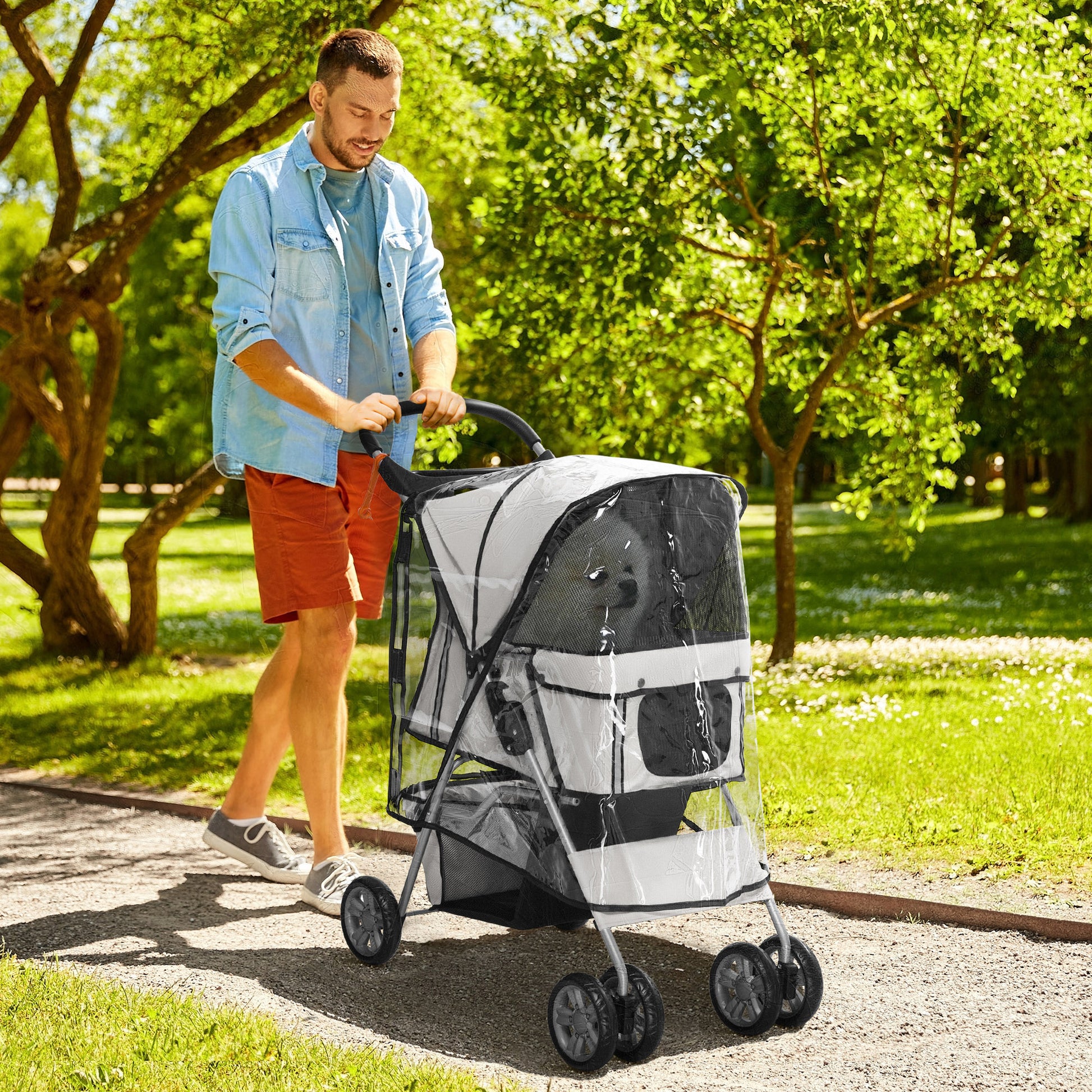 Dog Buggy, Dog Cart with Rain Cover, Foldable Dog Trolley up to 10 kg, Cat Buggy for Small Dogs with Cup Holder, Mesh Window, Cat Cart, Gray, 75 x 45 x 97 cm