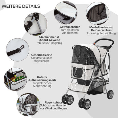 Dog Buggy, Dog Cart with Rain Cover, Foldable Dog Trolley up to 10 kg, Cat Buggy for Small Dogs with Cup Holder, Mesh Window, Cat Cart, Gray, 75 x 45 x 97 cm