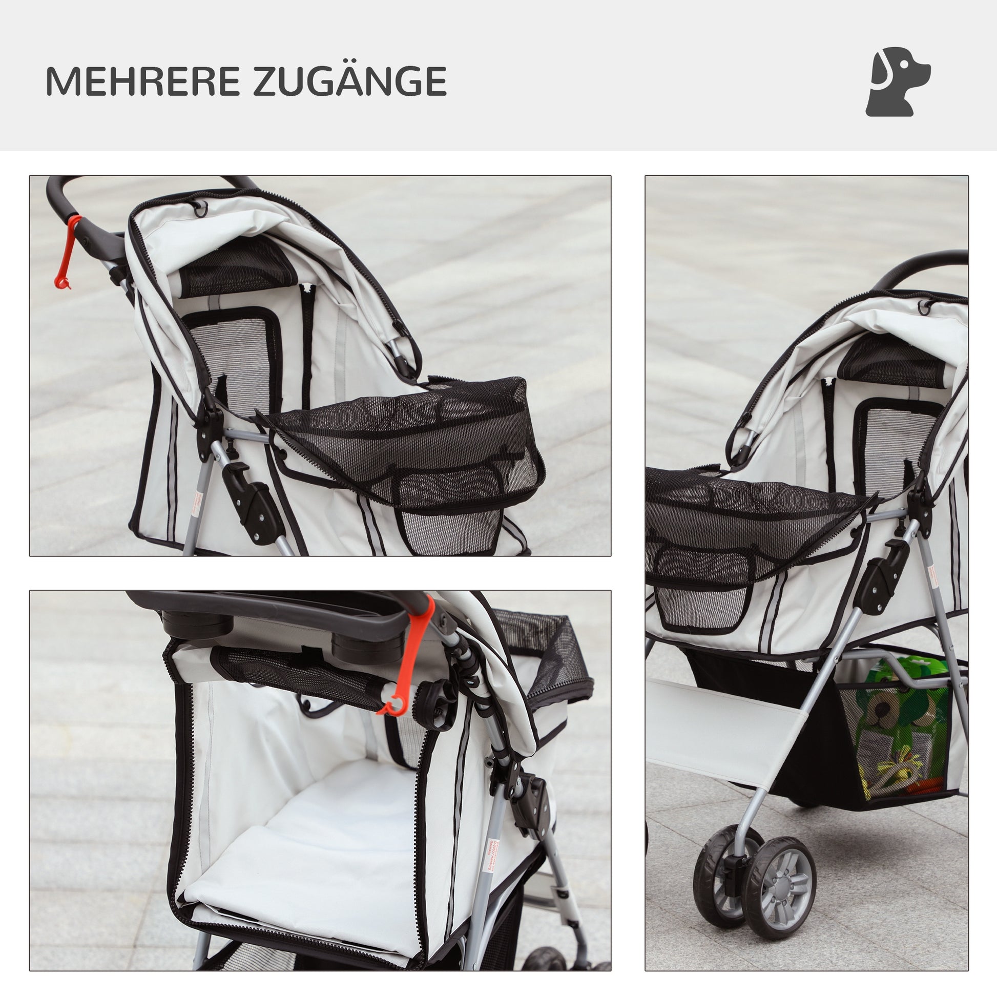Dog Buggy, Dog Cart with Rain Cover, Foldable Dog Trolley up to 10 kg, Cat Buggy for Small Dogs with Cup Holder, Mesh Window, Cat Cart, Gray, 75 x 45 x 97 cm