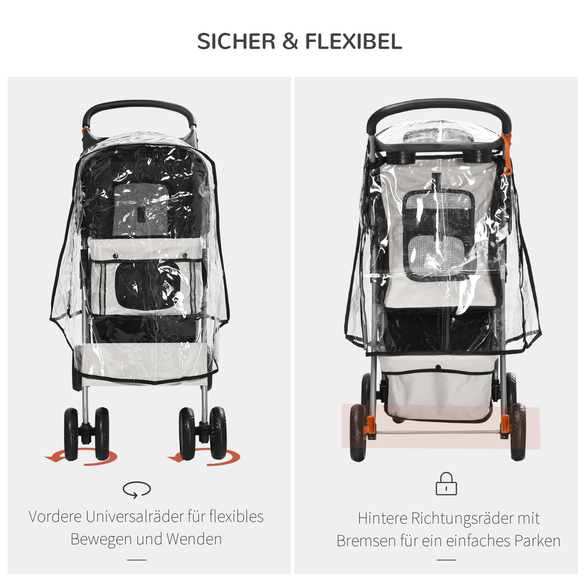 Dog Buggy, Dog Cart with Rain Cover, Foldable Dog Trolley up to 10 kg, Cat Buggy for Small Dogs with Cup Holder, Mesh Window, Cat Cart, Gray, 75 x 45 x 97 cm