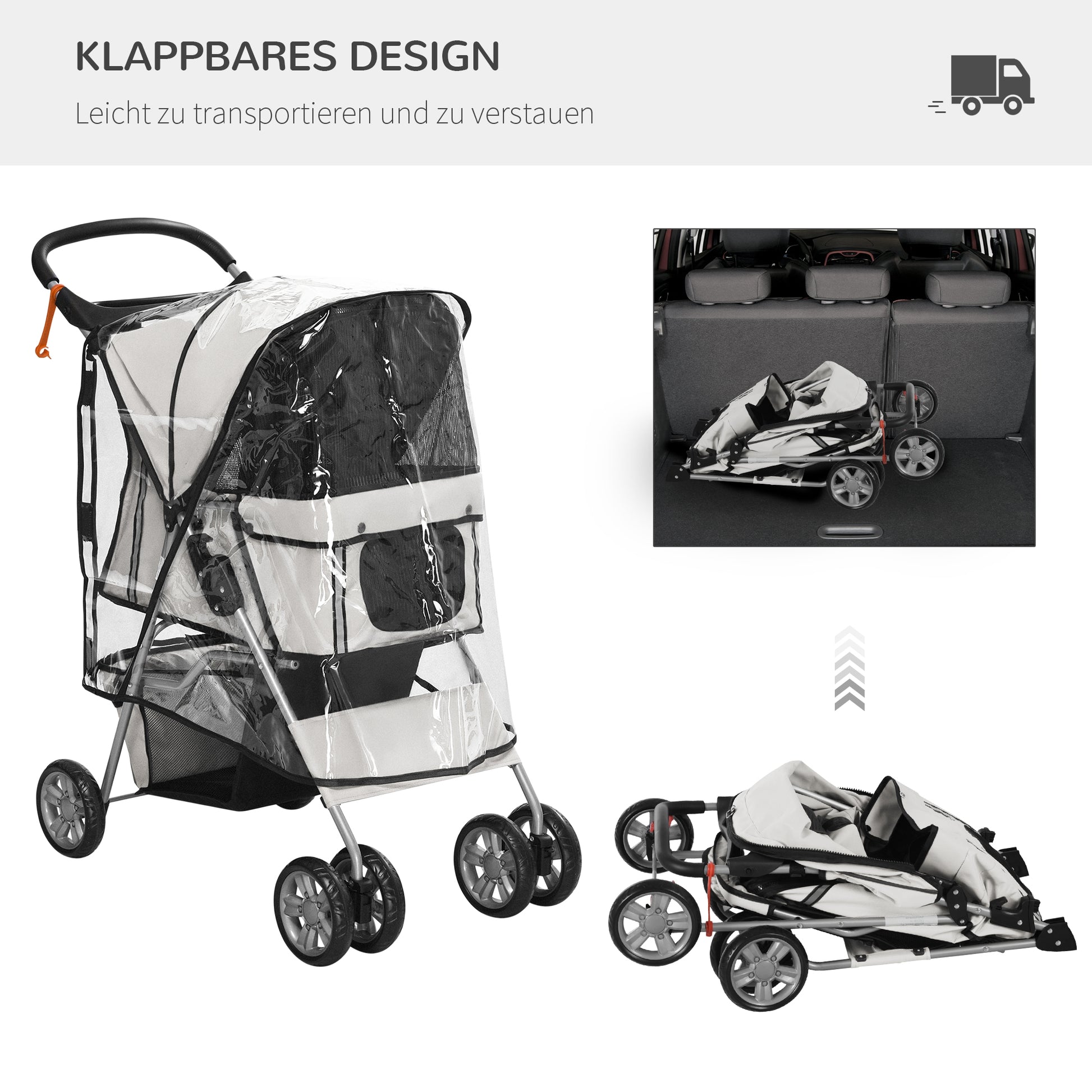 Dog Buggy, Dog Cart with Rain Cover, Foldable Dog Trolley up to 10 kg, Cat Buggy for Small Dogs with Cup Holder, Mesh Window, Cat Cart, Gray, 75 x 45 x 97 cm