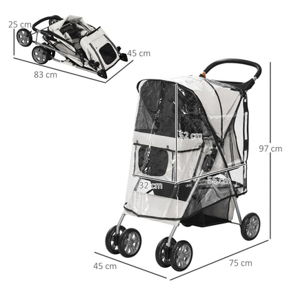 Dog Buggy, Dog Cart with Rain Cover, Foldable Dog Trolley up to 10 kg, Cat Buggy for Small Dogs with Cup Holder, Mesh Window, Cat Cart, Gray, 75 x 45 x 97 cm