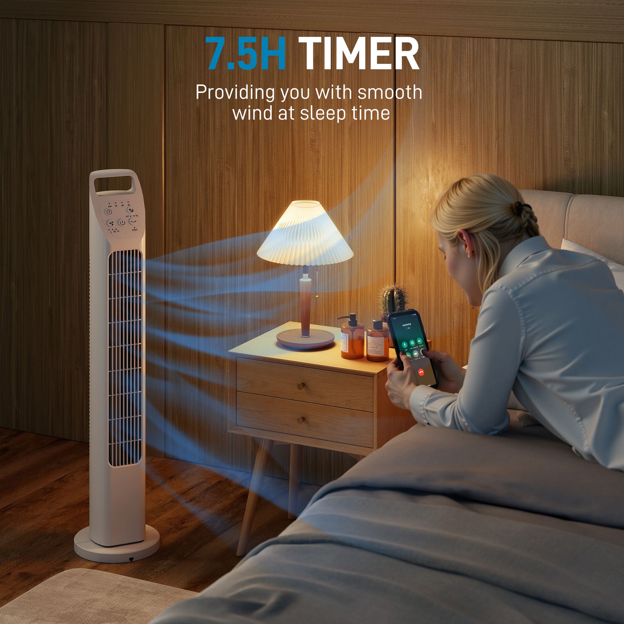Tower Fan with Remote, 75° Oscillation, 3 Speeds, 3 Modes, 7.5-Hour Timer, Quiet Bladeless Fan for Bedroom & Office, White