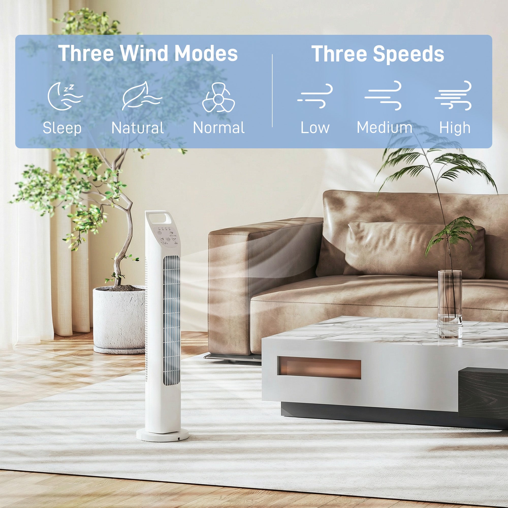 Tower Fan with Remote, 75° Oscillation, 3 Speeds, 3 Modes, 7.5-Hour Timer, Quiet Bladeless Fan for Bedroom & Office, White