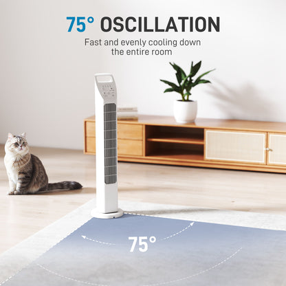 Tower Fan with Remote, 75° Oscillation, 3 Speeds, 3 Modes, 7.5-Hour Timer, Quiet Bladeless Fan for Bedroom & Office, White