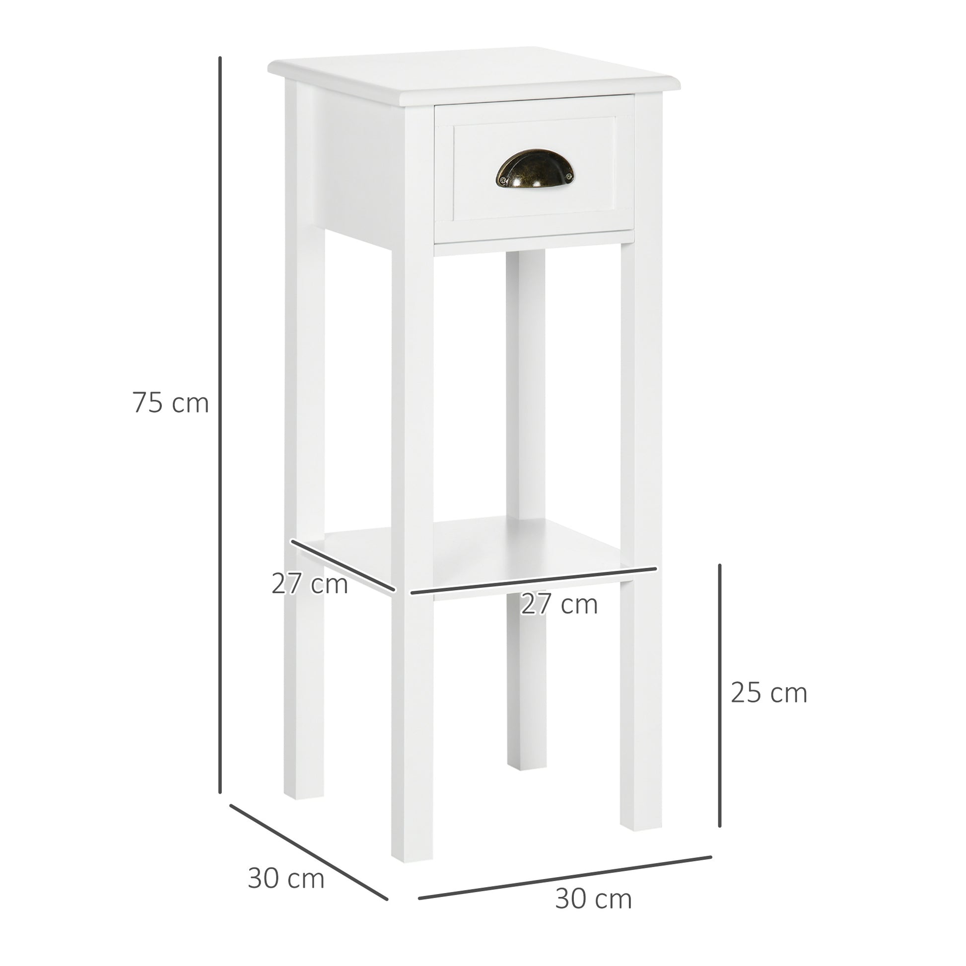 Modern Style Small Side Table Nightstand with Drawer and Storage Shelf for Living Room Bedroom 30x30x75 cm White