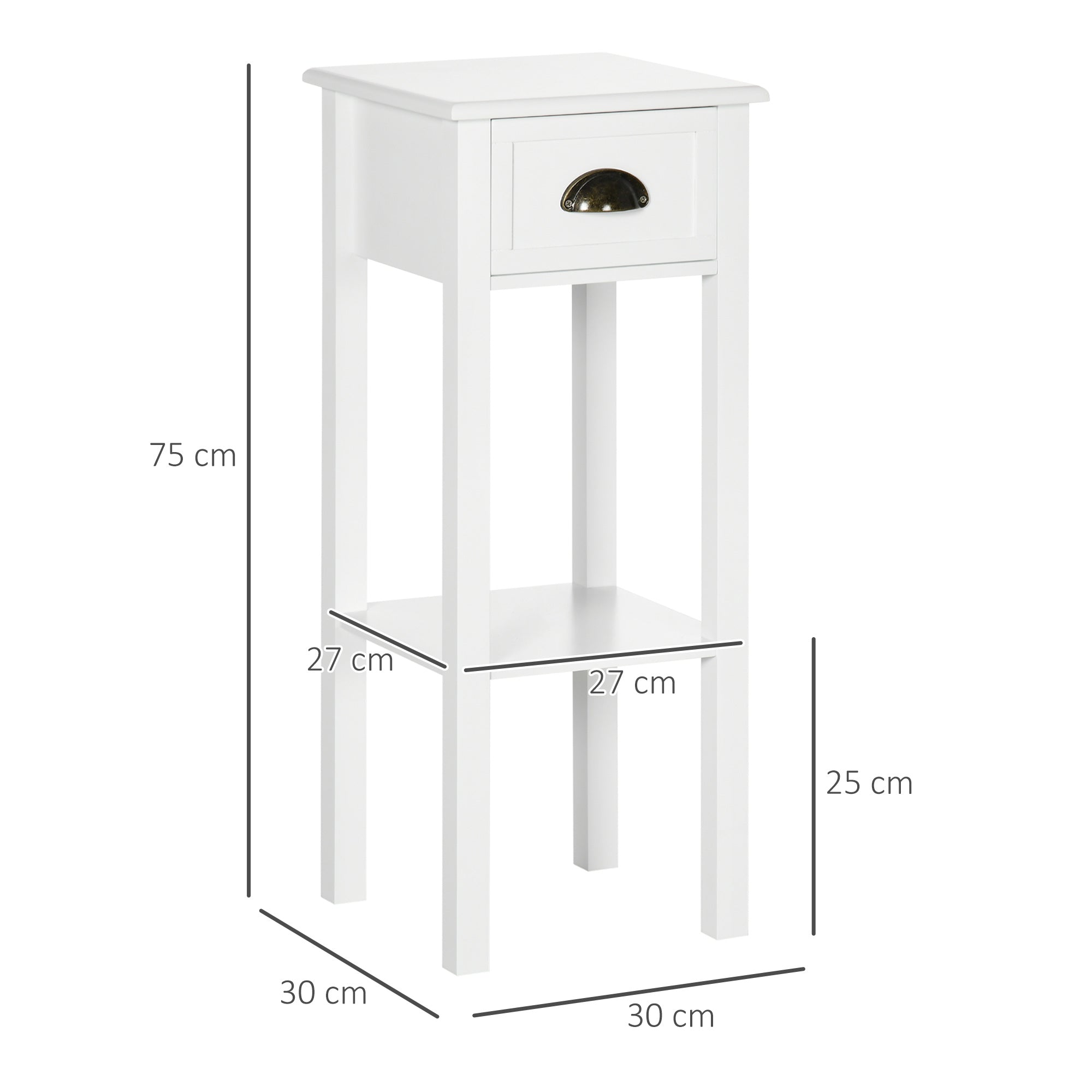 Modern Style Small Side Table Nightstand with Drawer and Storage Shelf for Living Room Bedroom 30x30x75 cm White