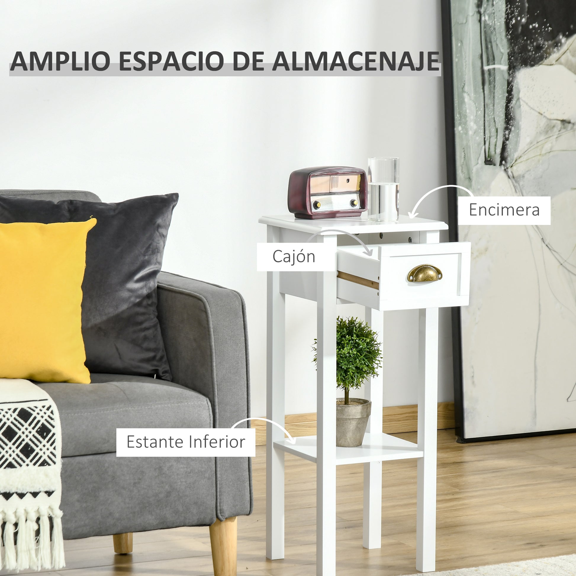 Modern Style Small Side Table Nightstand with Drawer and Storage Shelf for Living Room Bedroom 30x30x75 cm White