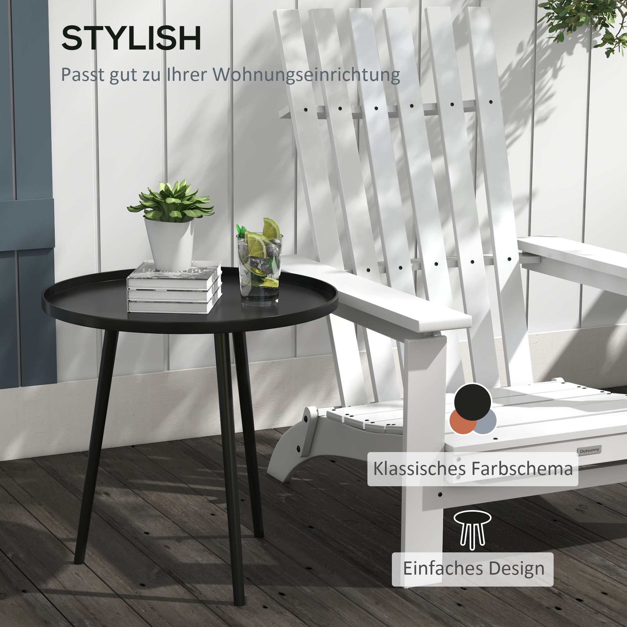 Side Table Garden, weatherproof outdoor table with raised edge, steel balcony table, round coffee table 20kg load capacity, Ø40x50H cm, coffee table for outdoor indoor balcony terrace Black