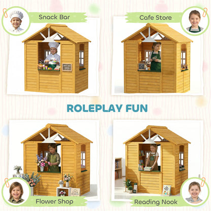 Wooden Kids Playhouse Outdoor — Door, 3 Windows, 2 Planters, Ages 3–8 — 53 x 38 x 59 in (134.5 x 97 x 150 cm), Brown