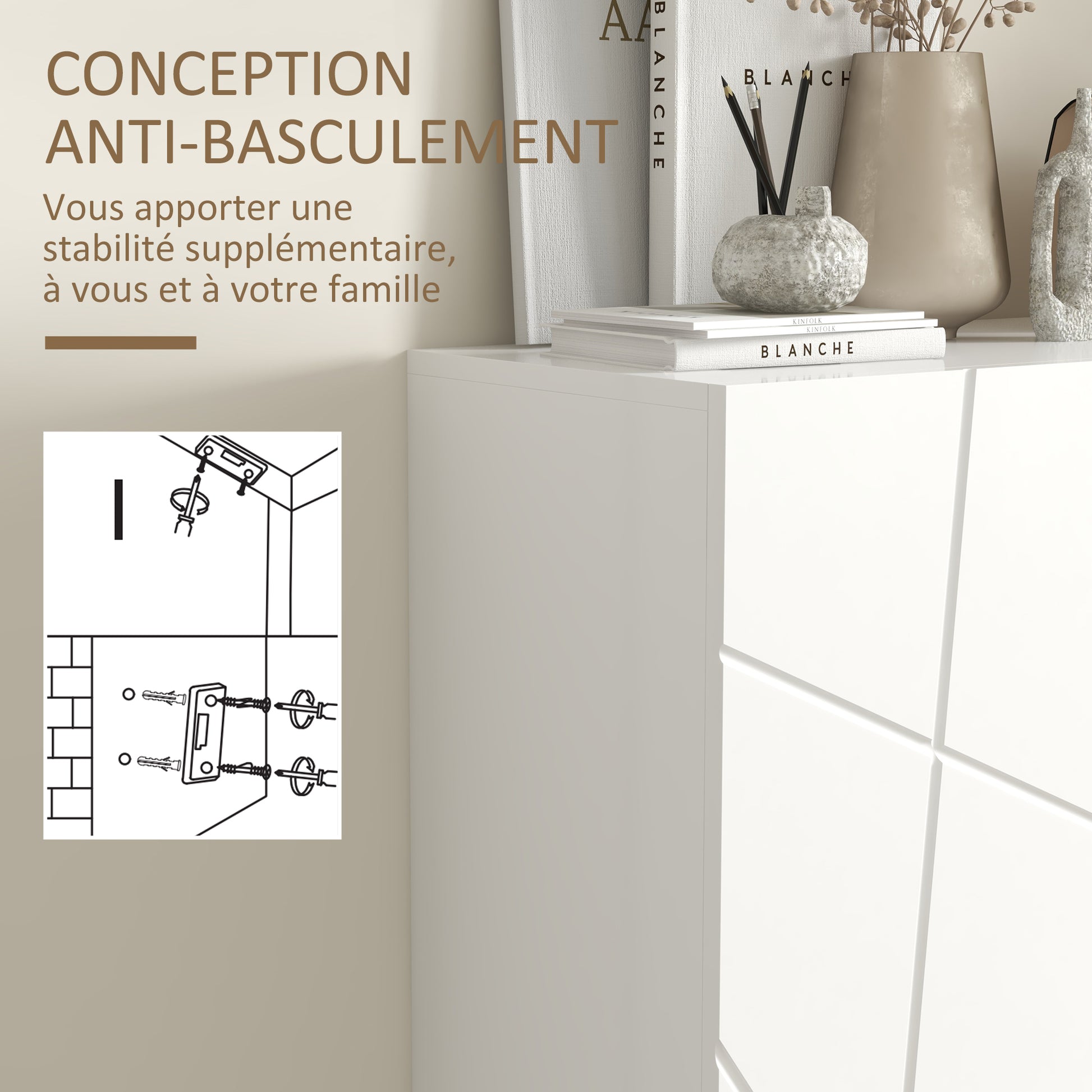 Shoe Cabinet, Shoe Storage Cabinet, 2 Doors with Soft Close Hinges, Adjustable Shelves, for 15-20 Pairs of Shoes, White Lacquer