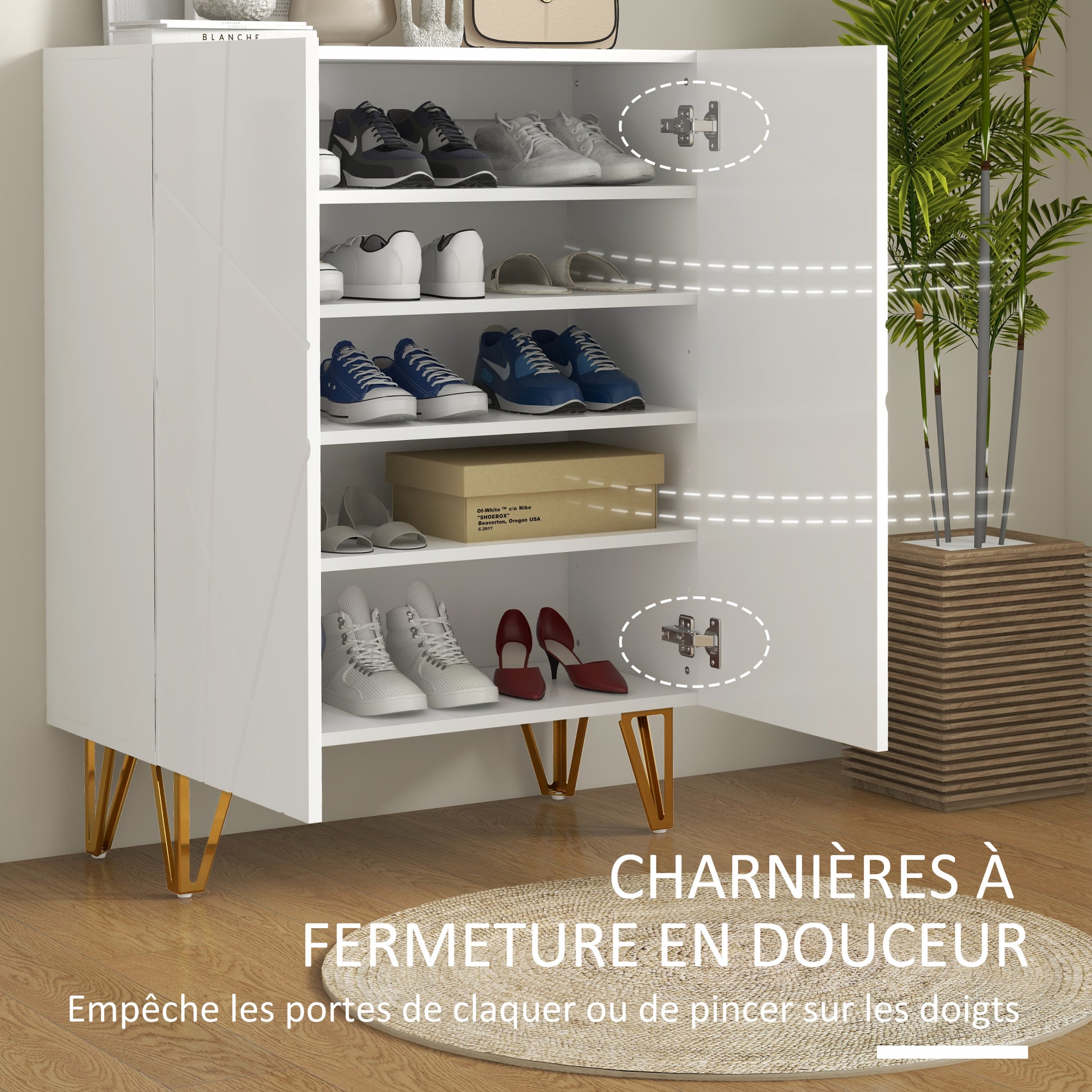 Shoe Cabinet, Shoe Storage Cabinet, 2 Doors with Soft Close Hinges, Adjustable Shelves, for 15-20 Pairs of Shoes, White Lacquer