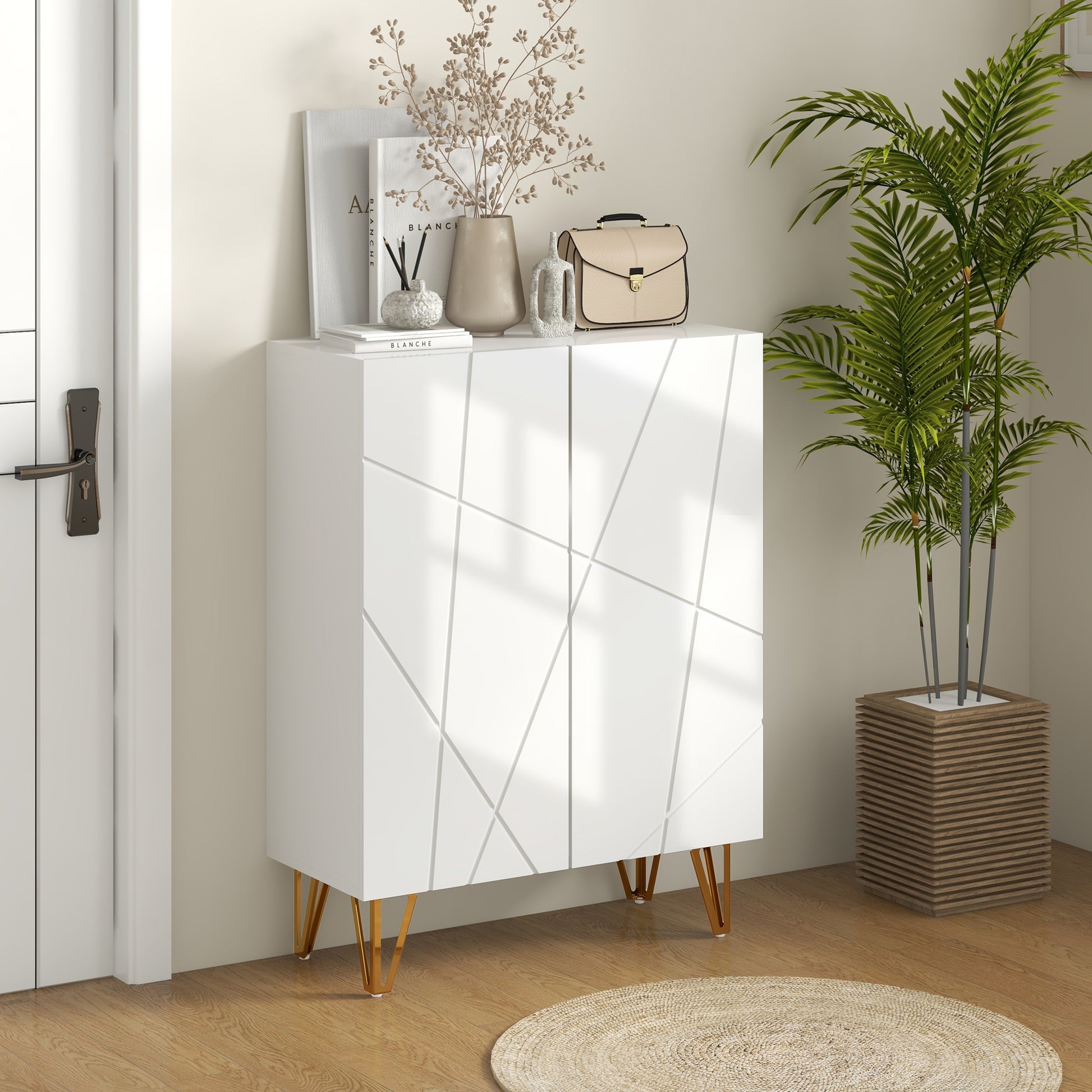 Shoe Cabinet, Shoe Storage Cabinet, 2 Doors with Soft Close Hinges, Adjustable Shelves, for 15-20 Pairs of Shoes, White Lacquer