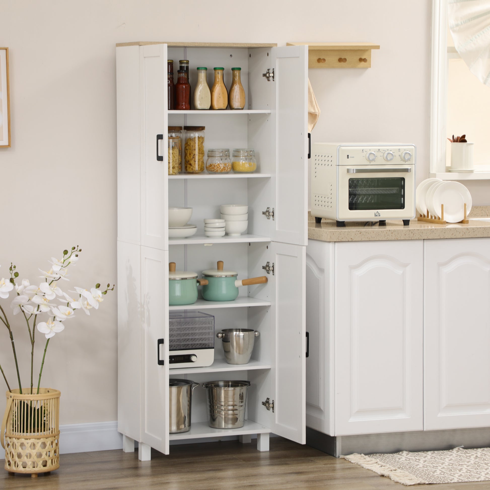 Kitchen Pantry Cabinet Kitchen Cabinet Auxiliary Furniture with Doors and Adjustable Shelves Anti-tip for Dining Room Living Room 60x30x171 cm White