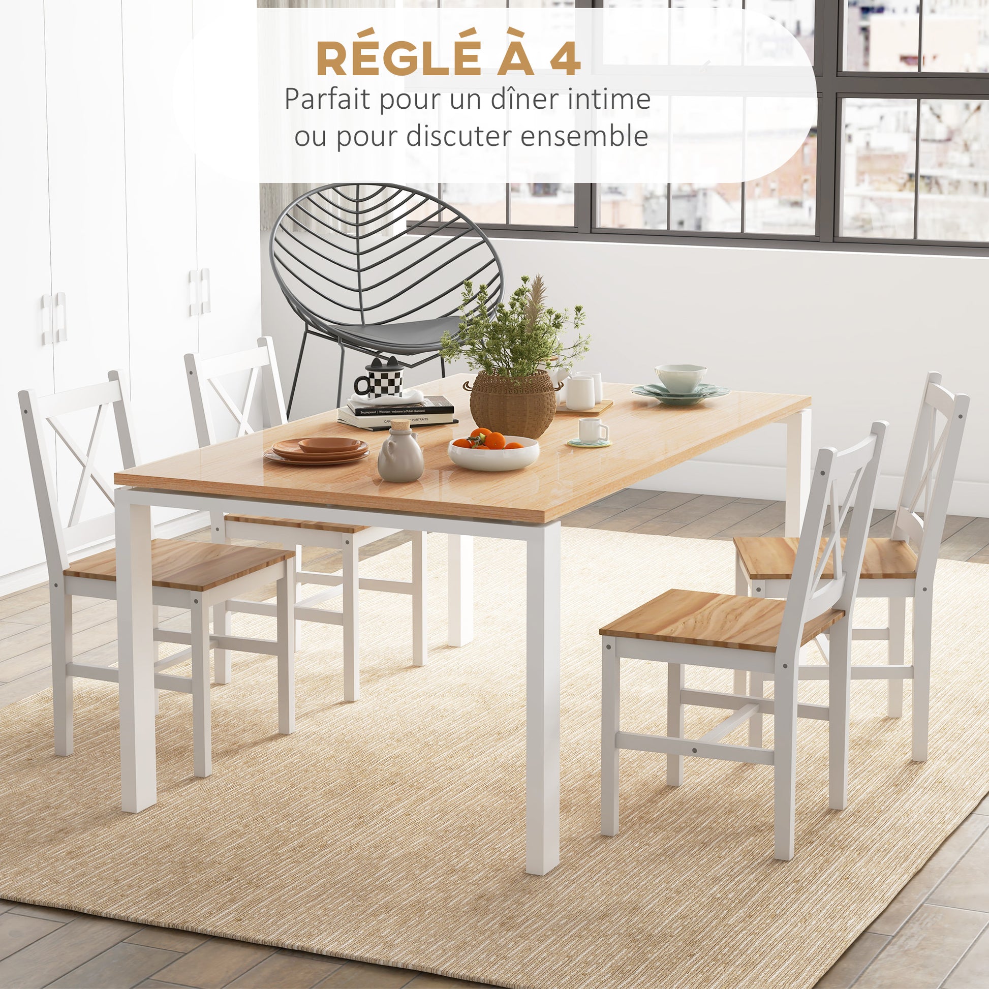 Set of 4 dining chairs, kitchen chairs, countryside style, high backrest, pine wood frame, for living room, bedroom, kitchen, natural wood and white