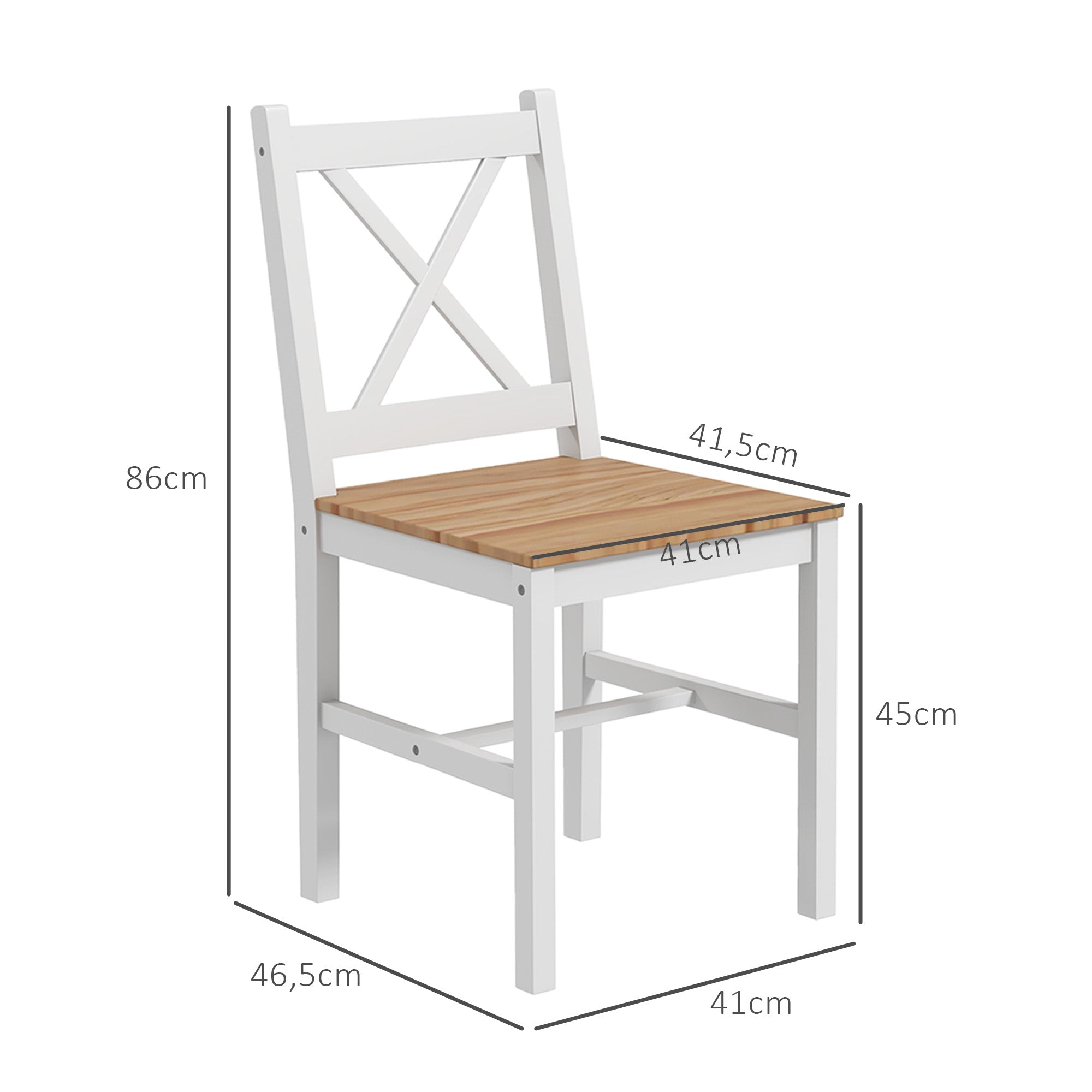 Set of 4 dining chairs, kitchen chairs, countryside style, high backrest, pine wood frame, for living room, bedroom, kitchen, natural wood and white