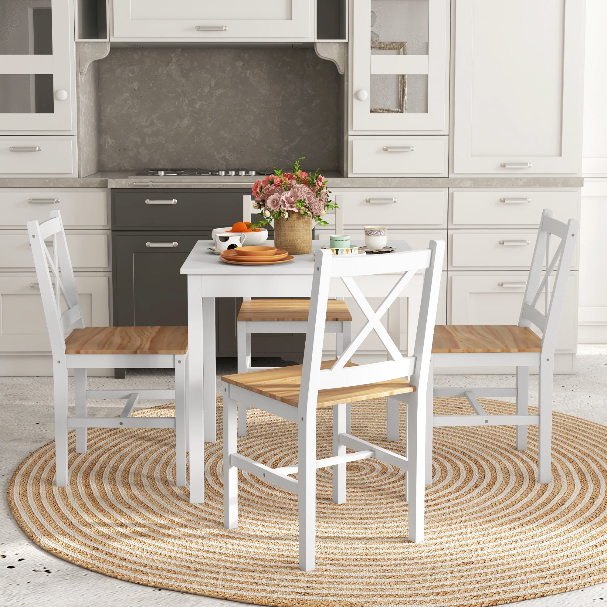 Set of 4 dining chairs, kitchen chairs, countryside style, high backrest, pine wood frame, for living room, bedroom, kitchen, natural wood and white