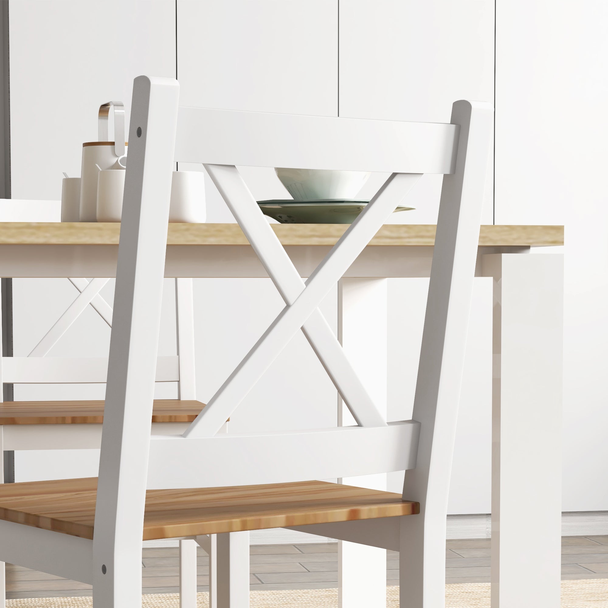 Set of 4 dining chairs, kitchen chairs, countryside style, high backrest, pine wood frame, for living room, bedroom, kitchen, natural wood and white
