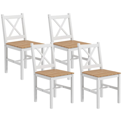 Set of 4 dining chairs, kitchen chairs, countryside style, high backrest, pine wood frame, for living room, bedroom, kitchen, natural wood and white
