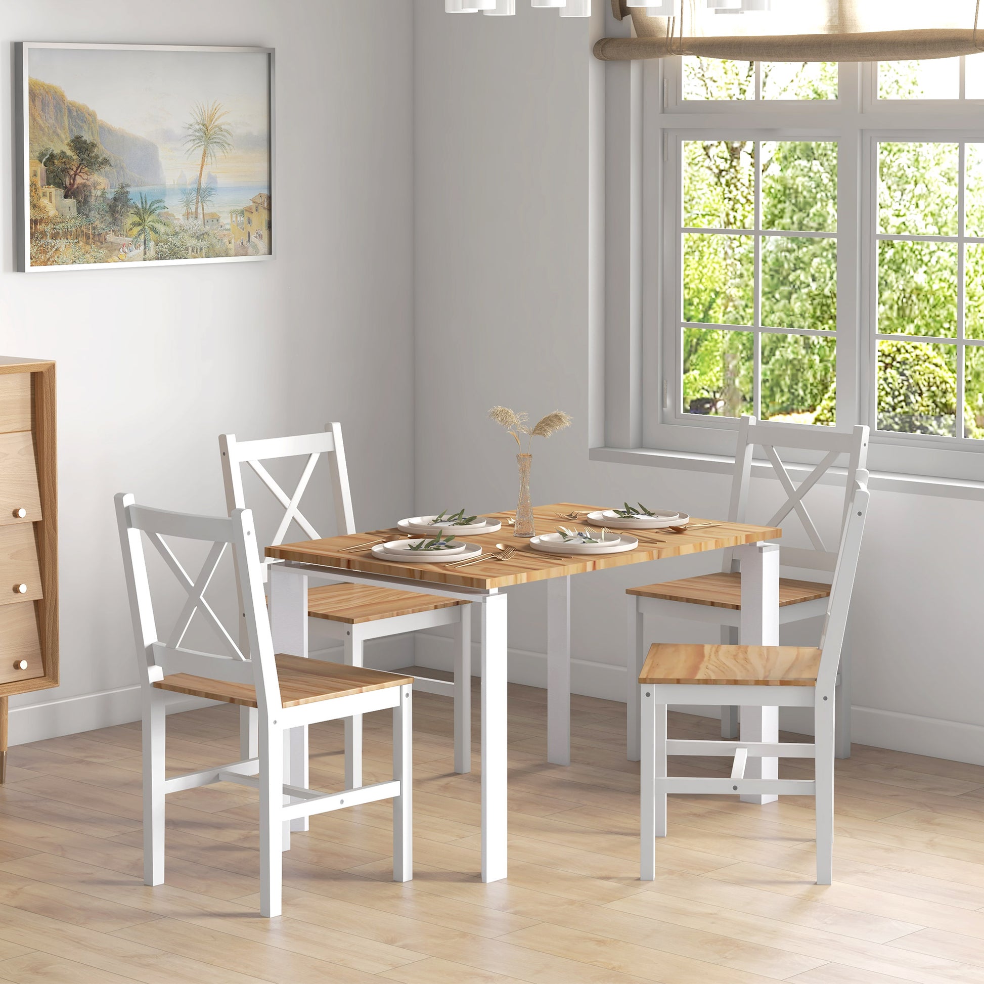 Set of 4 dining chairs, kitchen chairs, countryside style, high backrest, pine wood frame, for living room, bedroom, kitchen, natural wood and white