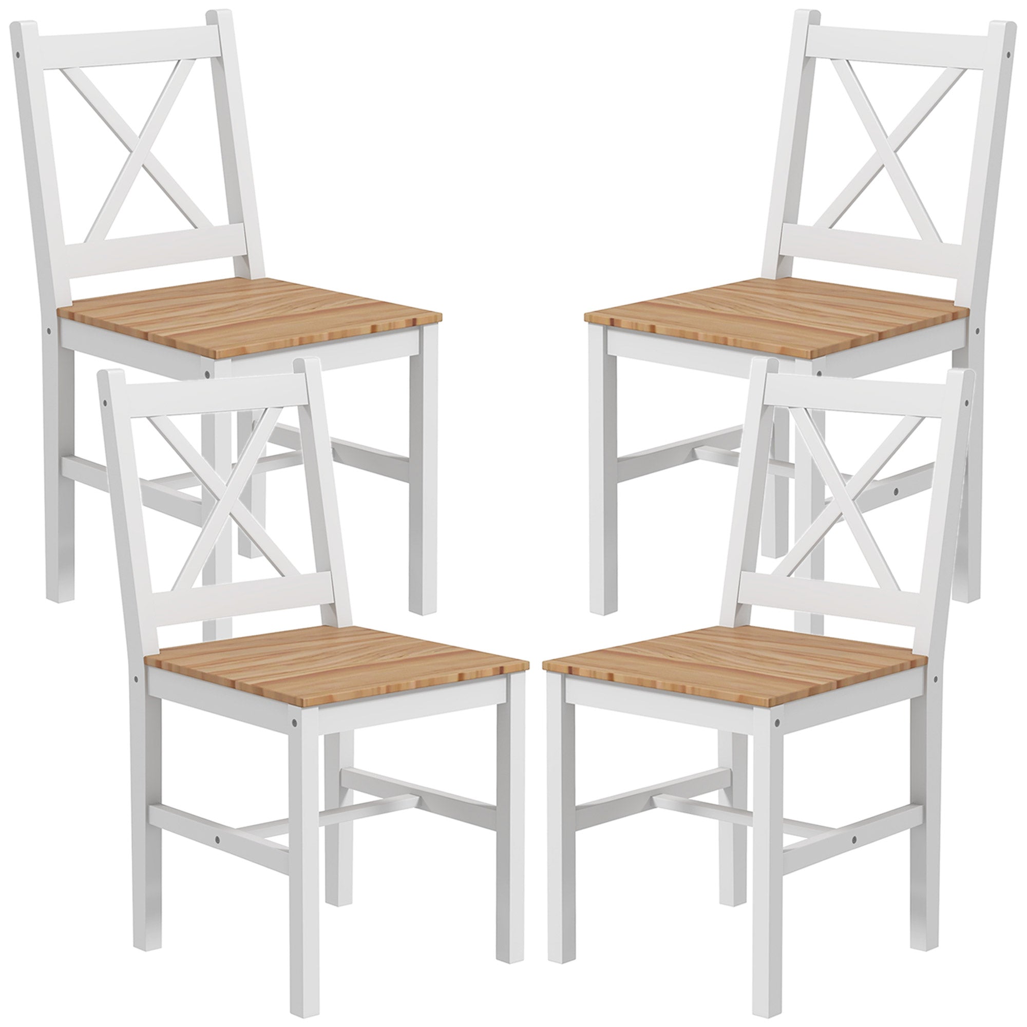 Set of 4 dining chairs, kitchen chairs, countryside style, high backrest, pine wood frame, for living room, bedroom, kitchen, natural wood and white
