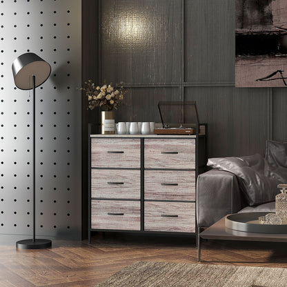 Chest of Drawers with 6 Fabric Drawers Storage Cabinet Dresser with Woodgrain, Handles, Steel Frame, Industrial Design Sideboard for Living Room Gray