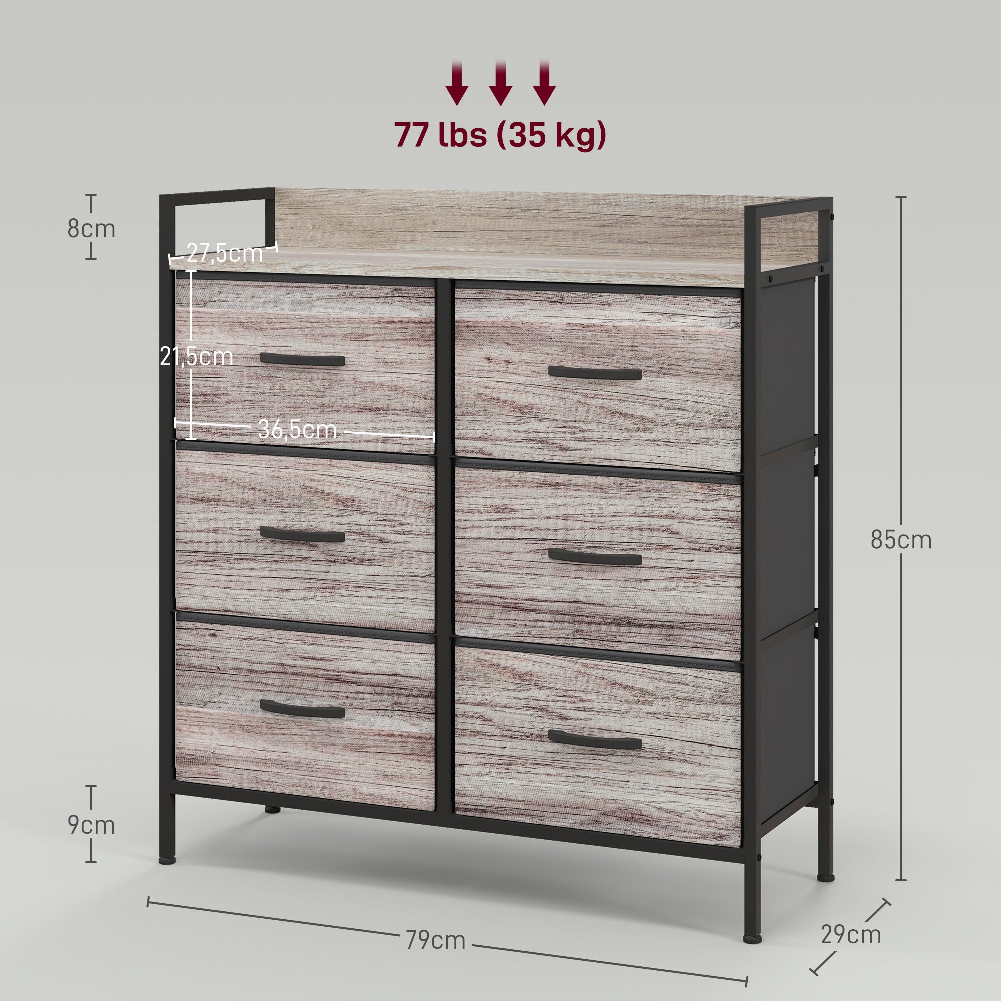 Chest of Drawers with 6 Fabric Drawers Storage Cabinet Dresser with Woodgrain, Handles, Steel Frame, Industrial Design Sideboard for Living Room Gray