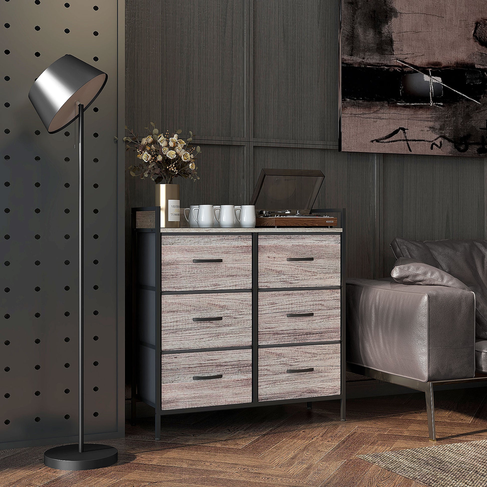 Chest of Drawers with 6 Fabric Drawers Storage Cabinet Dresser with Woodgrain, Handles, Steel Frame, Industrial Design Sideboard for Living Room Gray