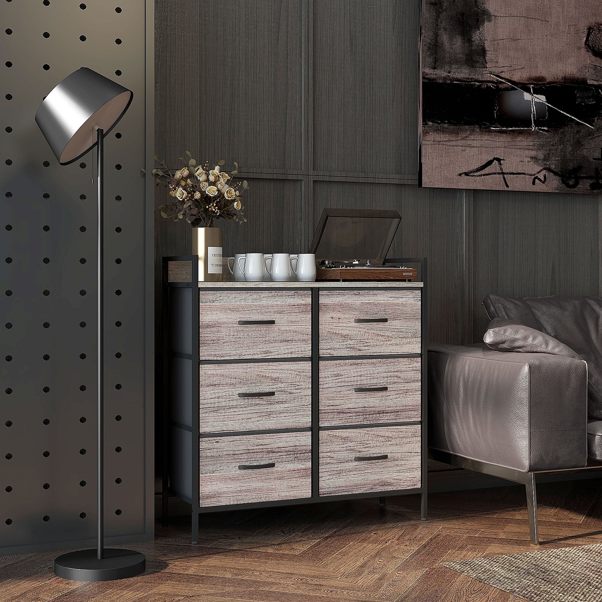 Chest of Drawers with 6 Fabric Drawers Storage Cabinet Dresser with Woodgrain, Handles, Steel Frame, Industrial Design Sideboard for Living Room Gray