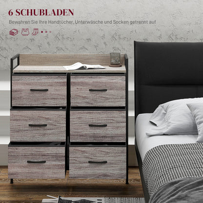 Chest of Drawers with 6 Fabric Drawers Storage Cabinet Dresser with Woodgrain, Handles, Steel Frame, Industrial Design Sideboard for Living Room Gray