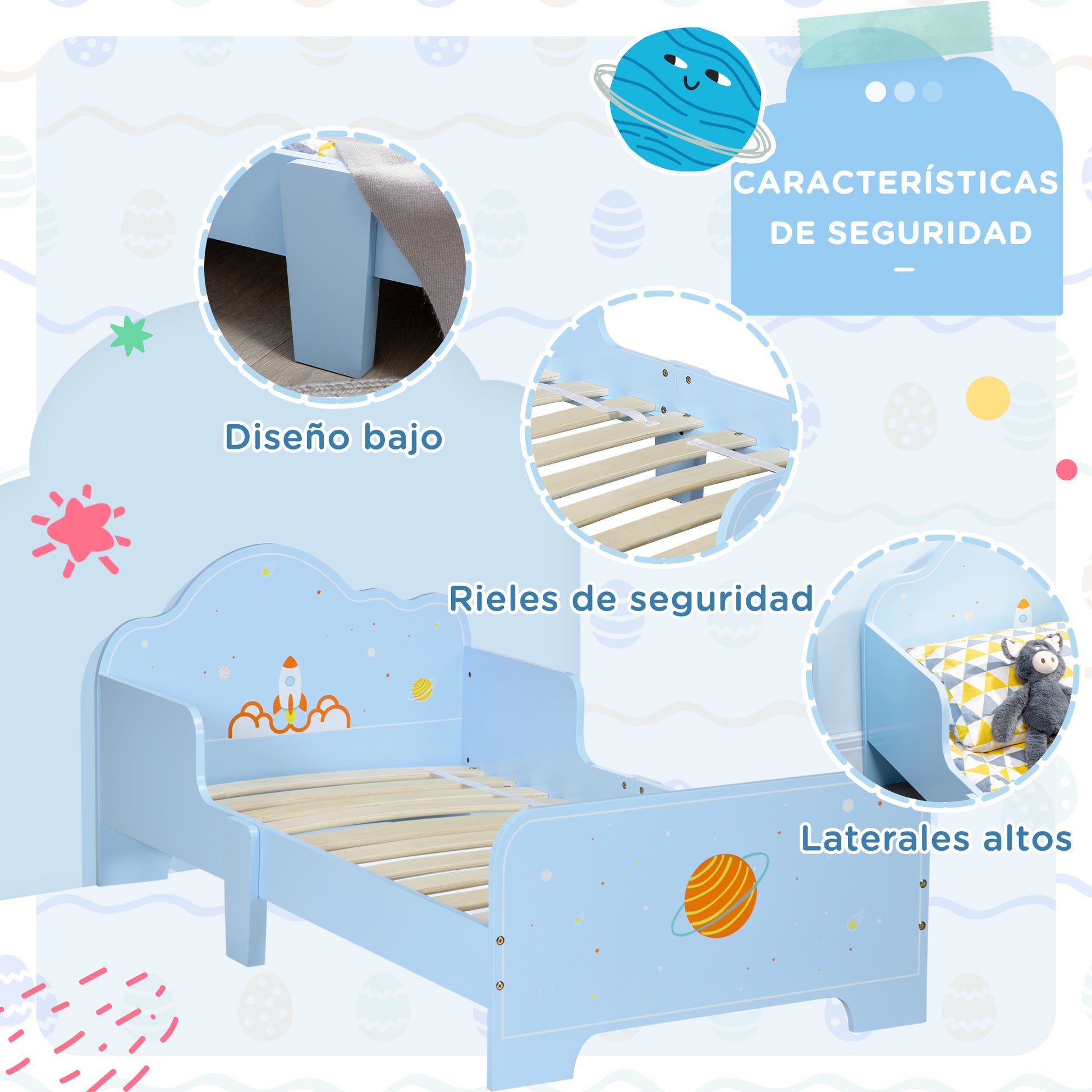 ZONEKIZ Children's Bed for 3-6 Year Olds 143x74x59 cm Wooden Kids Bed with Safety Barriers Max Load 80 kg Modern Bedroom Furniture Blue