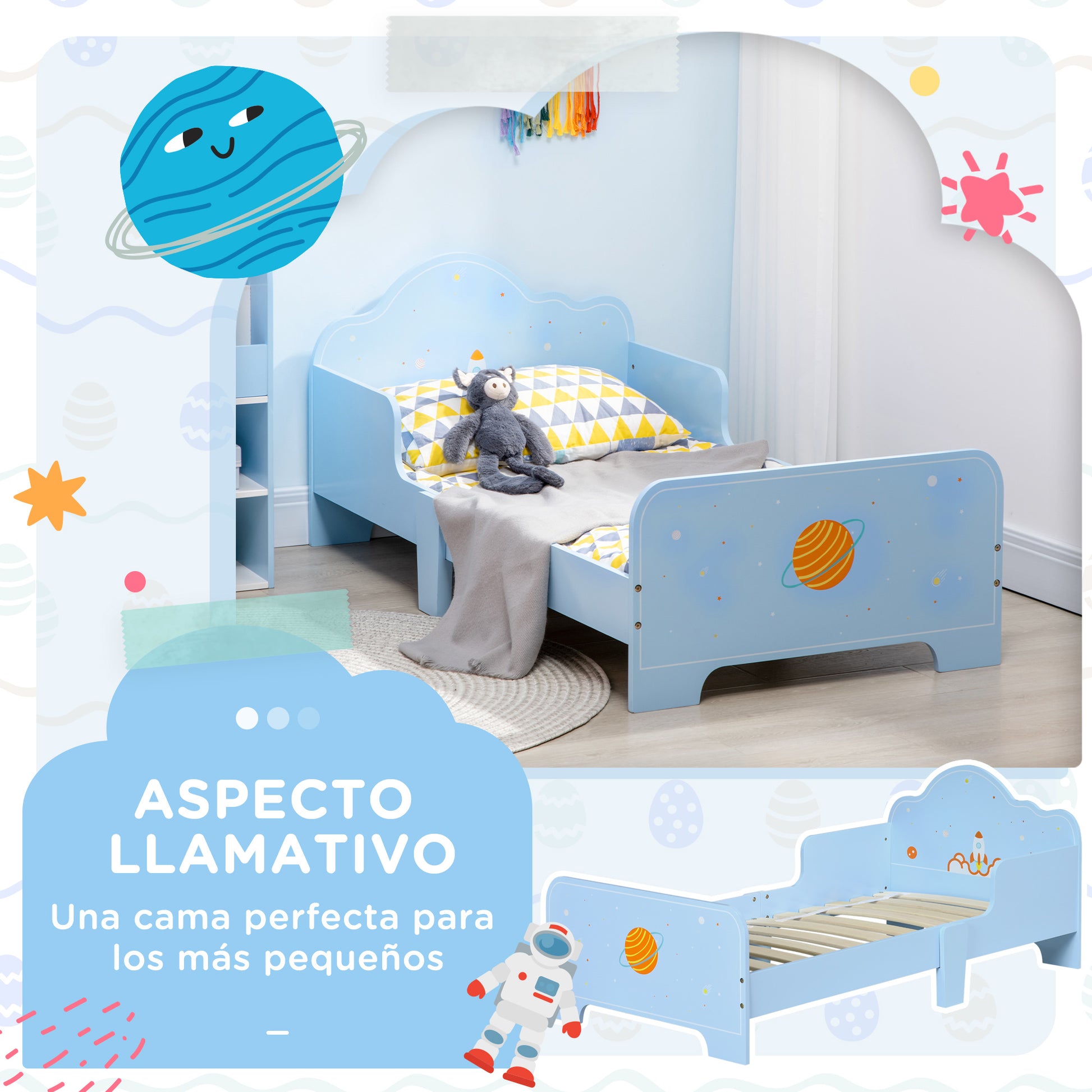 ZONEKIZ Children's Bed for 3-6 Year Olds 143x74x59 cm Wooden Kids Bed with Safety Barriers Max Load 80 kg Modern Bedroom Furniture Blue