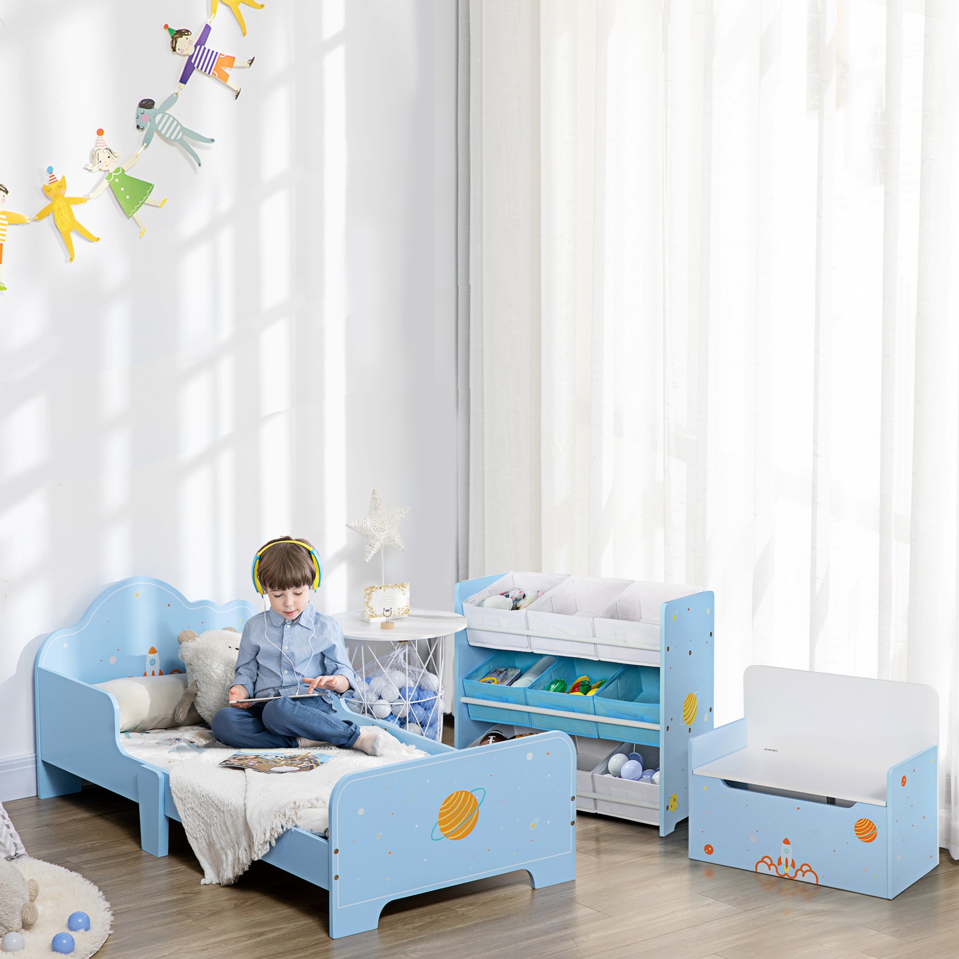 ZONEKIZ Children's Bed for 3-6 Year Olds 143x74x59 cm Wooden Kids Bed with Safety Barriers Max Load 80 kg Modern Bedroom Furniture Blue