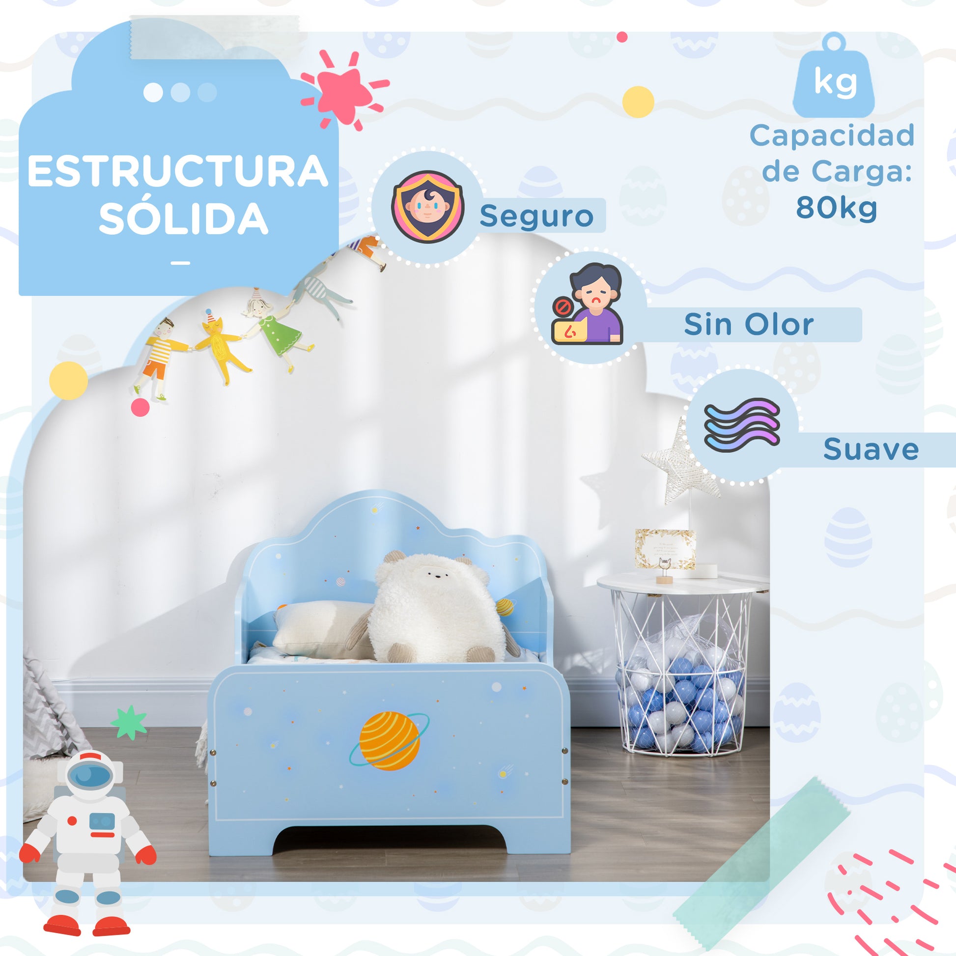 ZONEKIZ Children's Bed for 3-6 Year Olds 143x74x59 cm Wooden Kids Bed with Safety Barriers Max Load 80 kg Modern Bedroom Furniture Blue