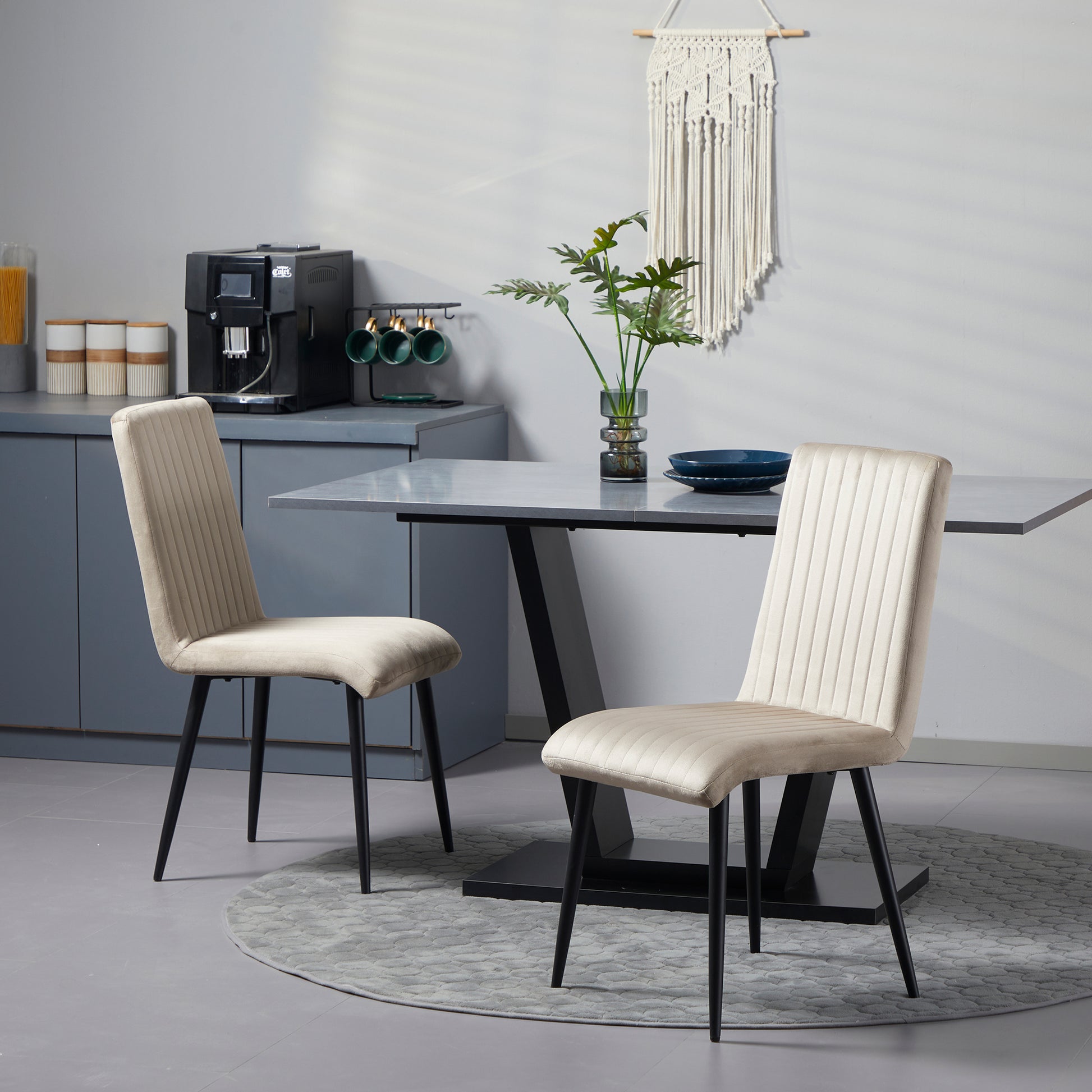 2 pcs Upholstered Velvet Effect Fabric Dining Chairs with Steel Legs and Space-Saving Design, 43x58x90 cm, Brown and Black
