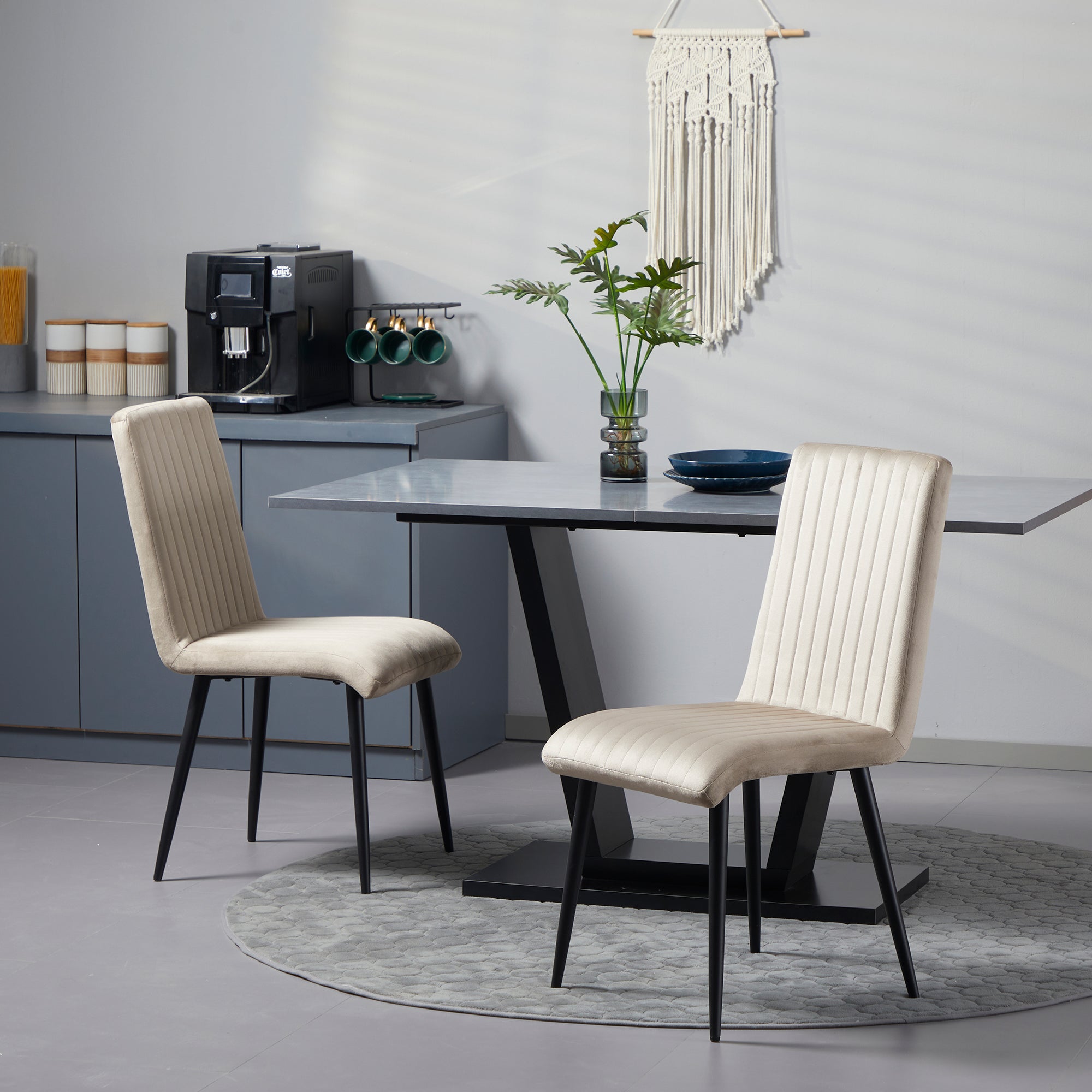 2 pcs Upholstered Velvet Effect Fabric Dining Chairs with Steel Legs and Space-Saving Design, 43x58x90 cm, Brown and Black