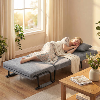 Sleeper Chair — 3-in-1 Foldable Chenille Chair with Click-Clack Backrest, Metal Frame & Pillow, Gray