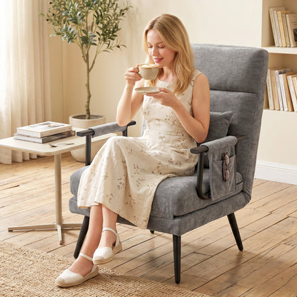 Sleeper Chair — 3-in-1 Foldable Chenille Chair with Click-Clack Backrest, Metal Frame & Pillow, Gray