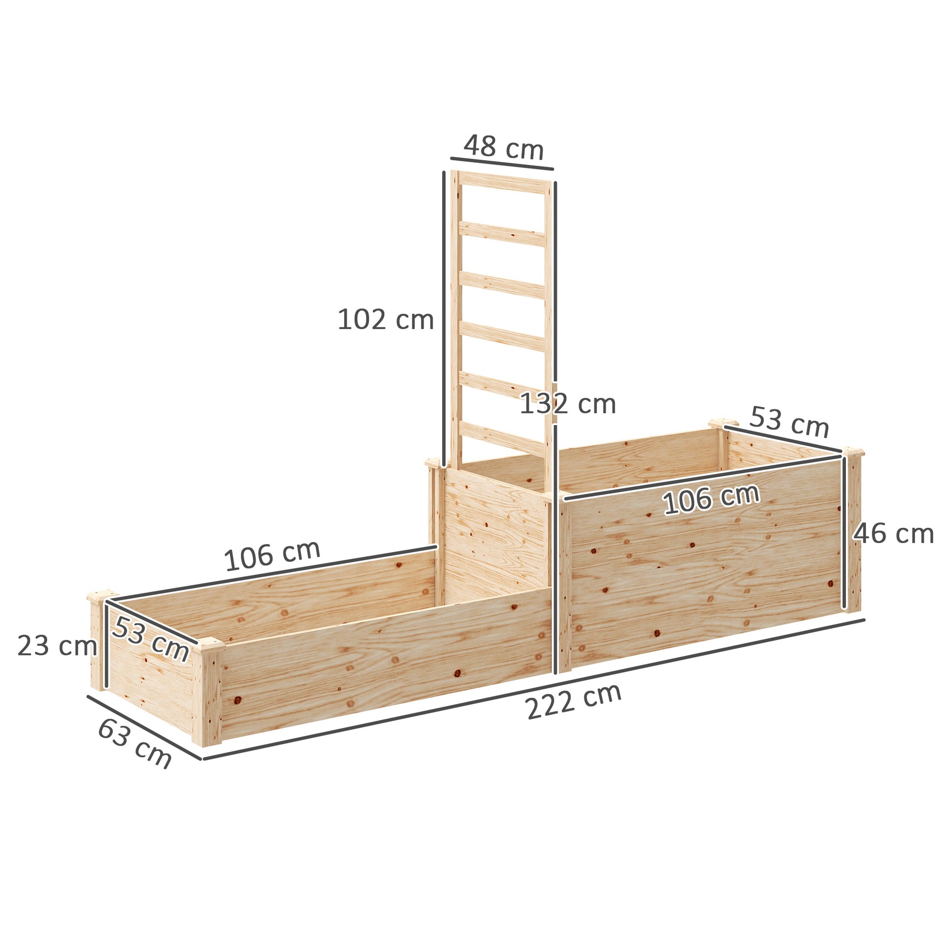 Large Outdoor Wooden Planter with Lattice for Climbing Plants and 2 Planter Boxes for Garden Patio Terrace 222x63x132 cm Natural Wood