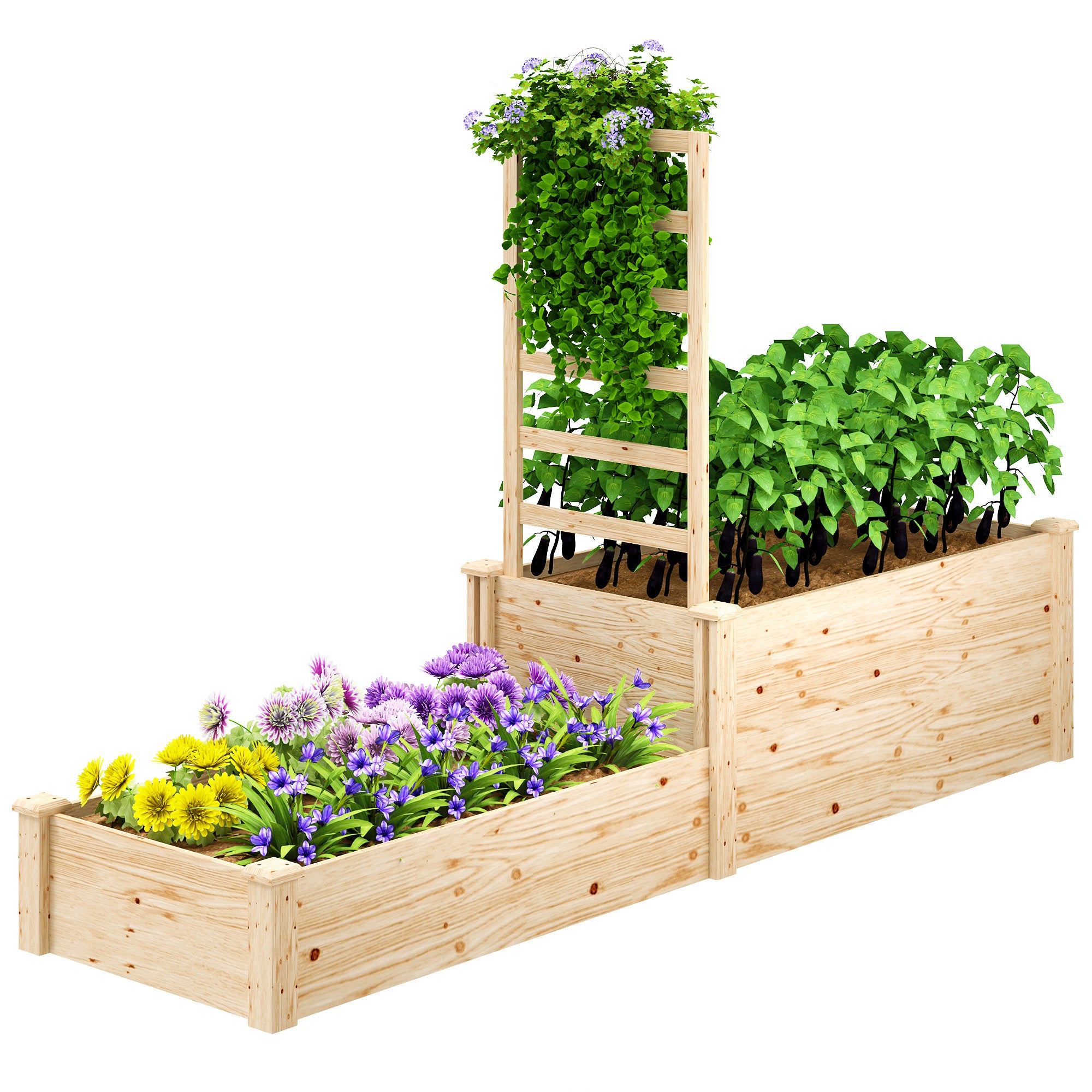 Large Outdoor Wooden Planter with Lattice for Climbing Plants and 2 Planter Boxes for Garden Patio Terrace 222x63x132 cm Natural Wood