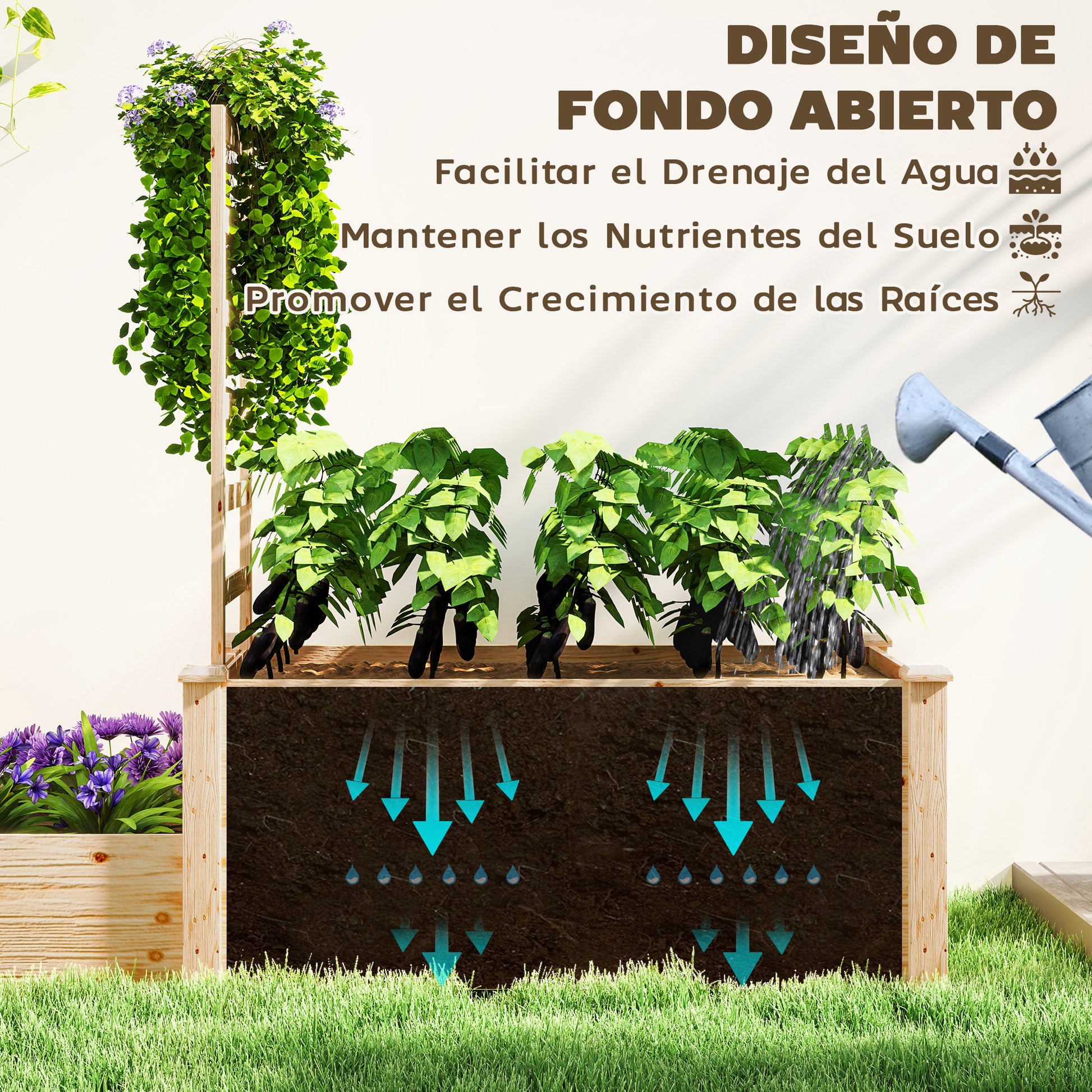 Large Outdoor Wooden Planter with Lattice for Climbing Plants and 2 Planter Boxes for Garden Patio Terrace 222x63x132 cm Natural Wood