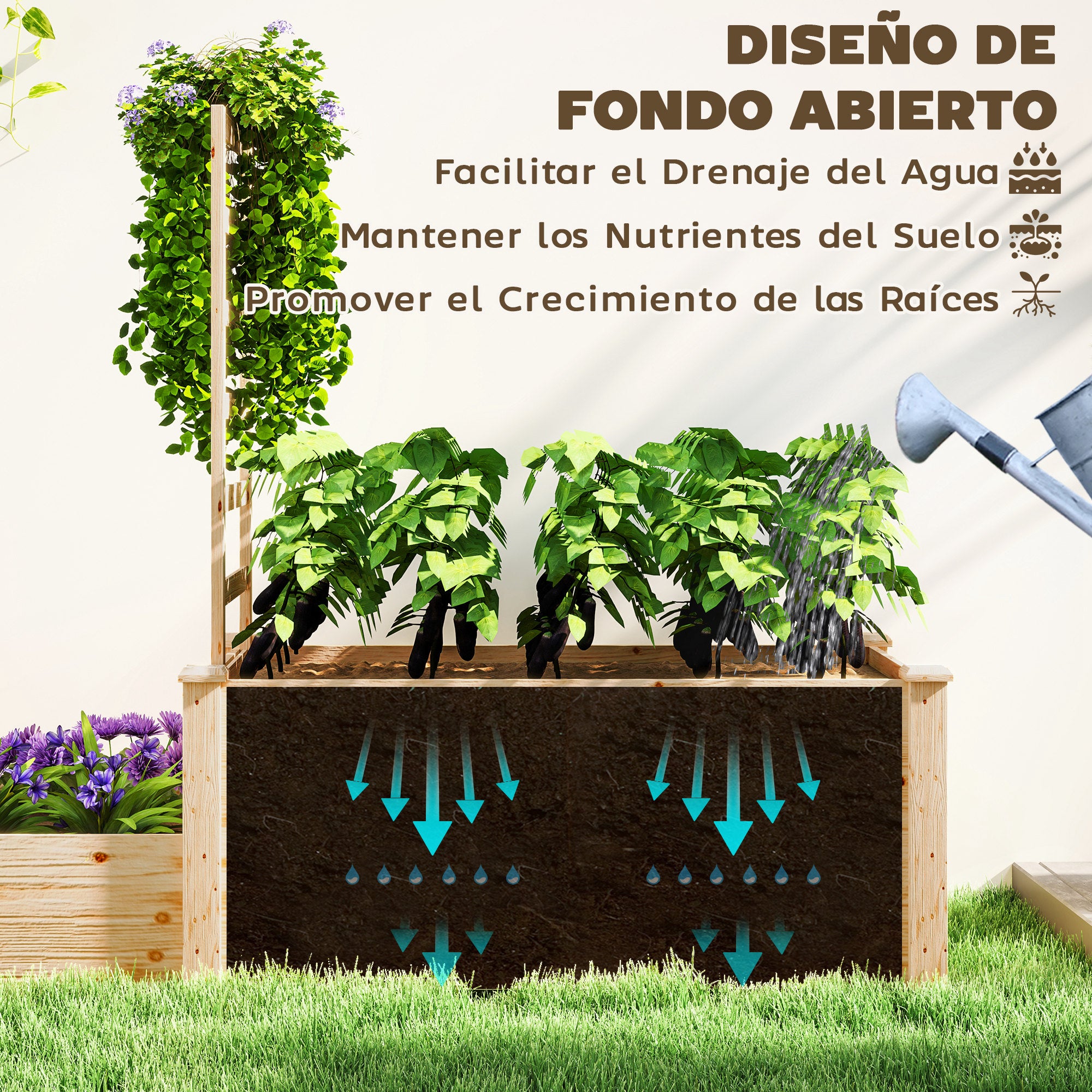 Large Outdoor Wooden Planter with Lattice for Climbing Plants and 2 Planter Boxes for Garden Patio Terrace 222x63x132 cm Natural Wood