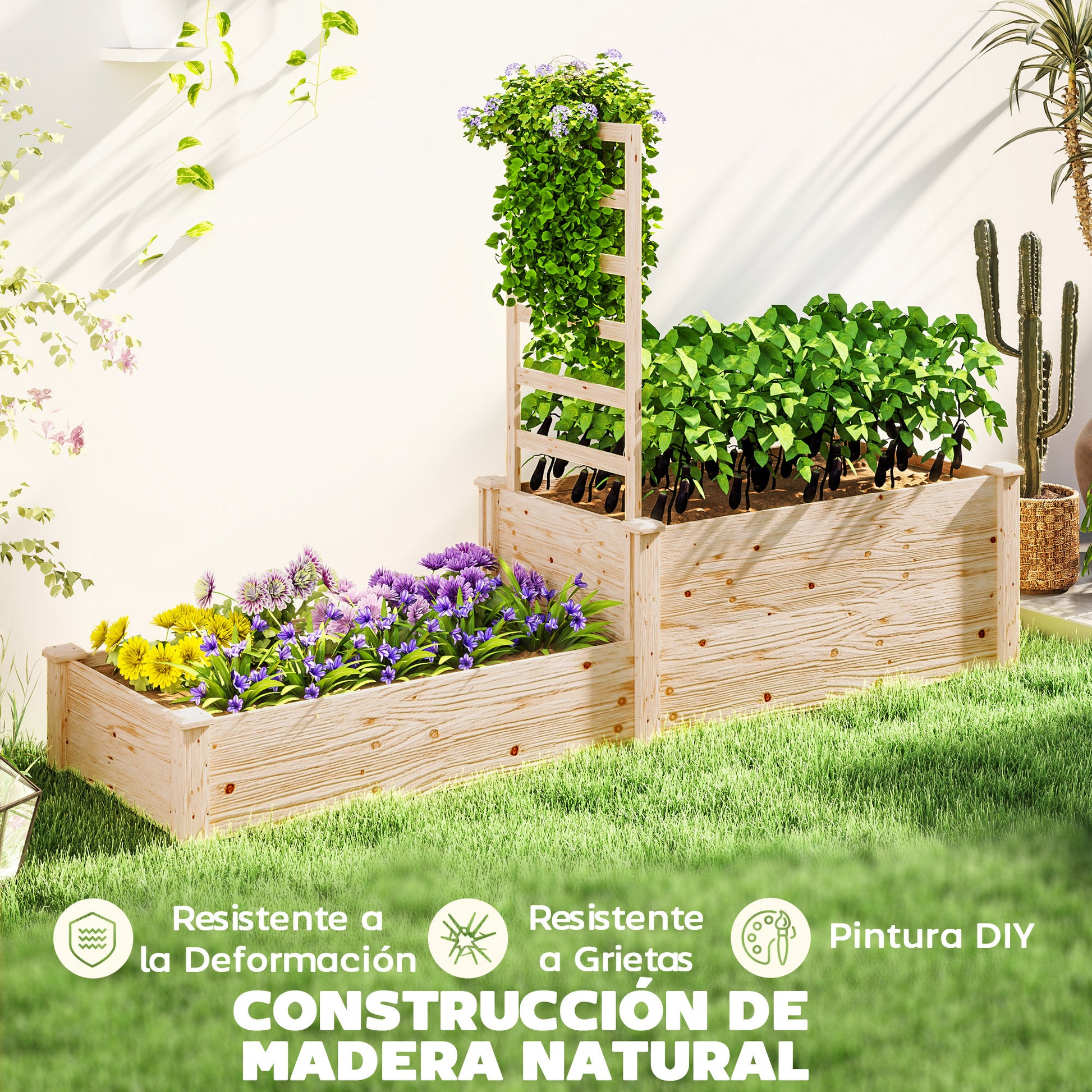 Large Outdoor Wooden Planter with Lattice for Climbing Plants and 2 Planter Boxes for Garden Patio Terrace 222x63x132 cm Natural Wood