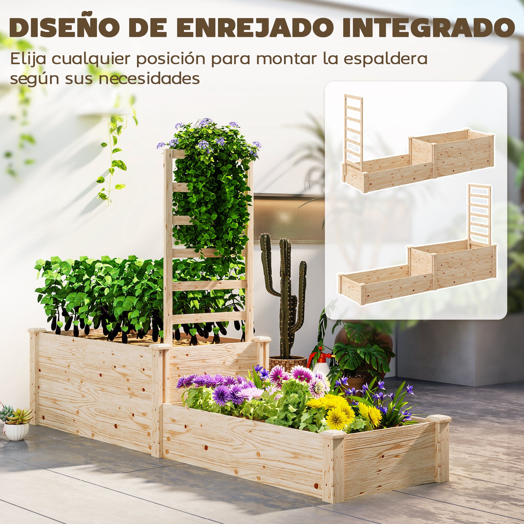 Large Outdoor Wooden Planter with Lattice for Climbing Plants and 2 Planter Boxes for Garden Patio Terrace 222x63x132 cm Natural Wood