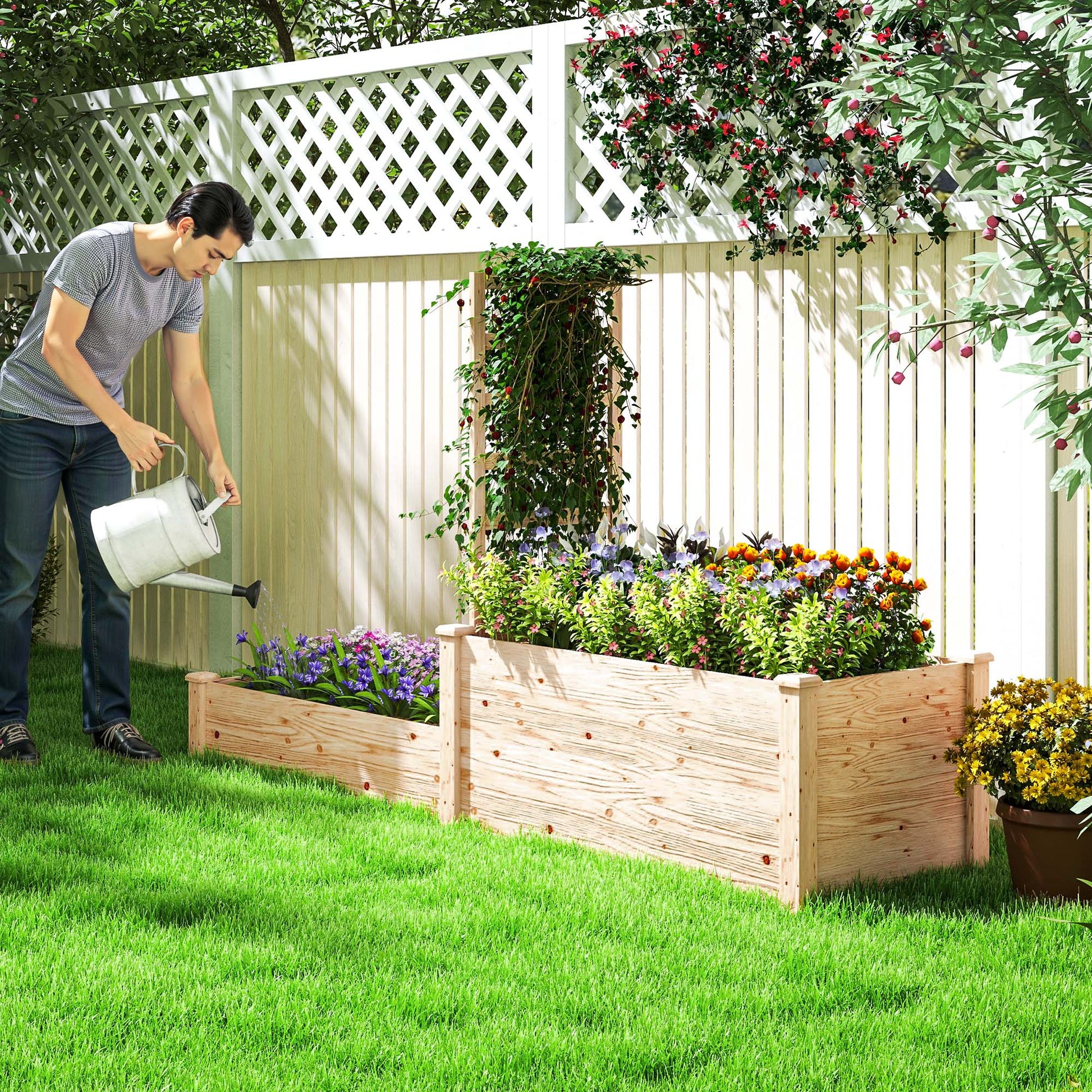 Large Outdoor Wooden Planter with Lattice for Climbing Plants and 2 Planter Boxes for Garden Patio Terrace 222x63x132 cm Natural Wood