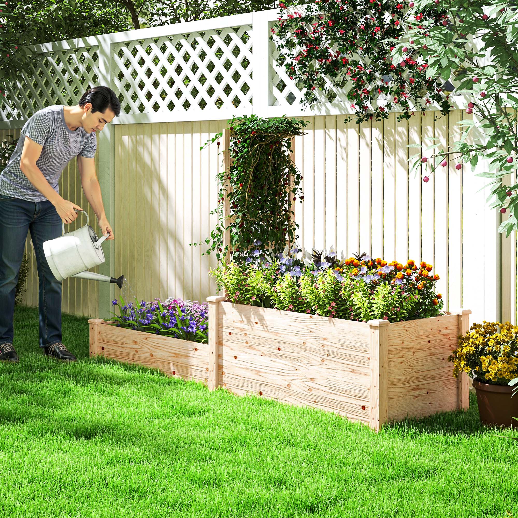 Large Outdoor Wooden Planter with Lattice for Climbing Plants and 2 Planter Boxes for Garden Patio Terrace 222x63x132 cm Natural Wood