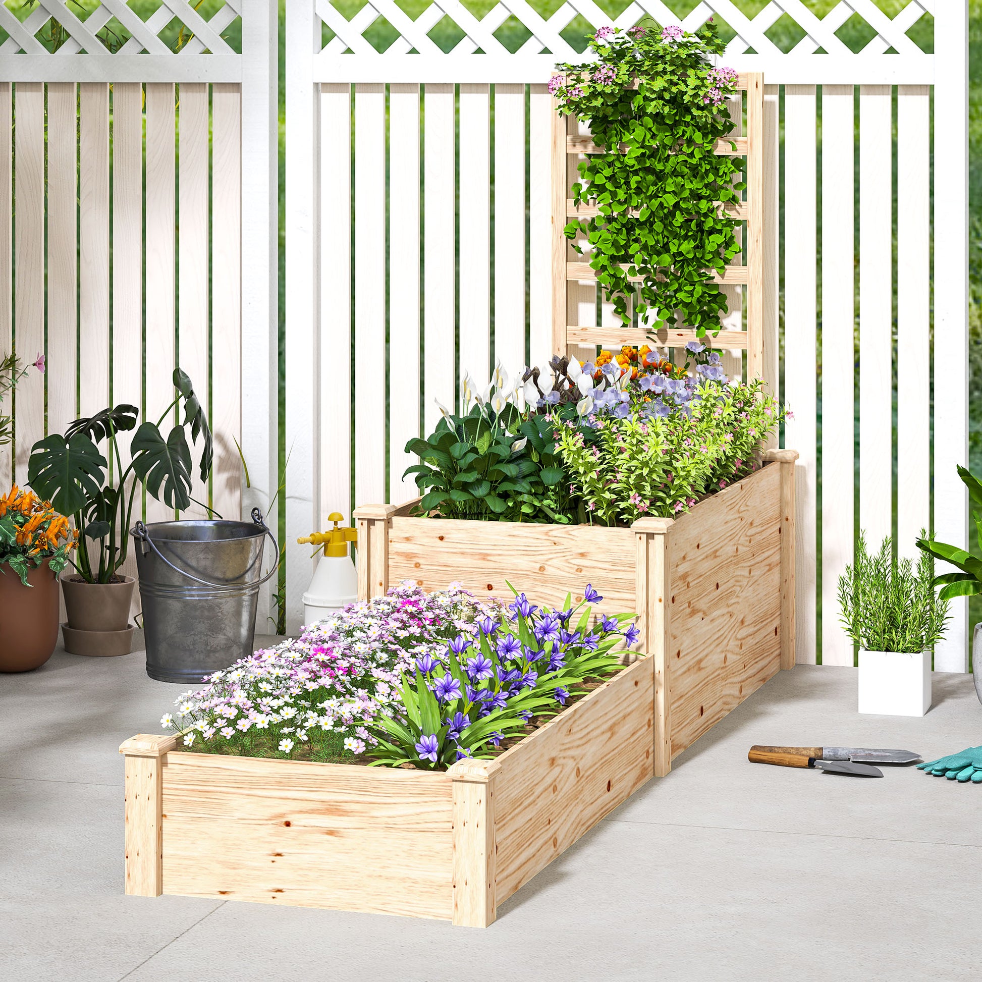 Large Outdoor Wooden Planter with Lattice for Climbing Plants and 2 Planter Boxes for Garden Patio Terrace 222x63x132 cm Natural Wood