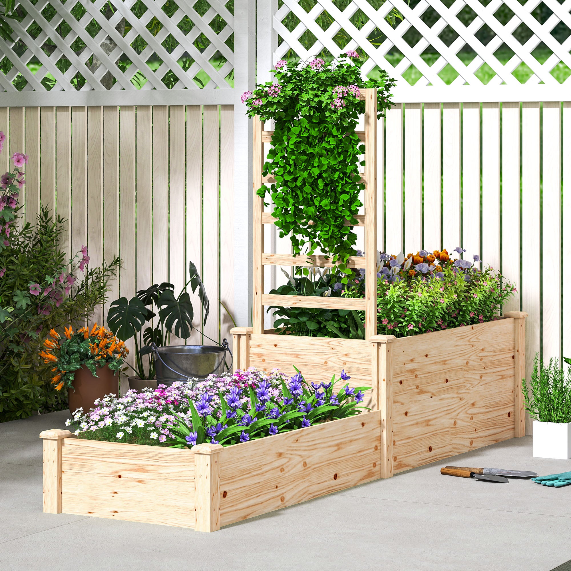 Large Outdoor Wooden Planter with Lattice for Climbing Plants and 2 Planter Boxes for Garden Patio Terrace 222x63x132 cm Natural Wood
